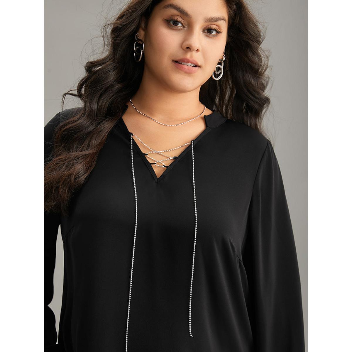 Plus Size Black Anti-Wrinkle Lace Up Chain Detail Lantern Sleeve Blouse Women Office Long Sleeve Tie Neck Party Blouses BloomChic 14-16/1X Product Image