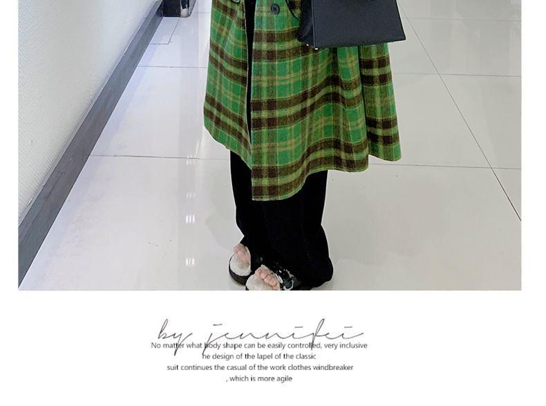 Lapel Collar Plaid Reversible Fleece-Lined Double-Breasted Long Coat Product Image