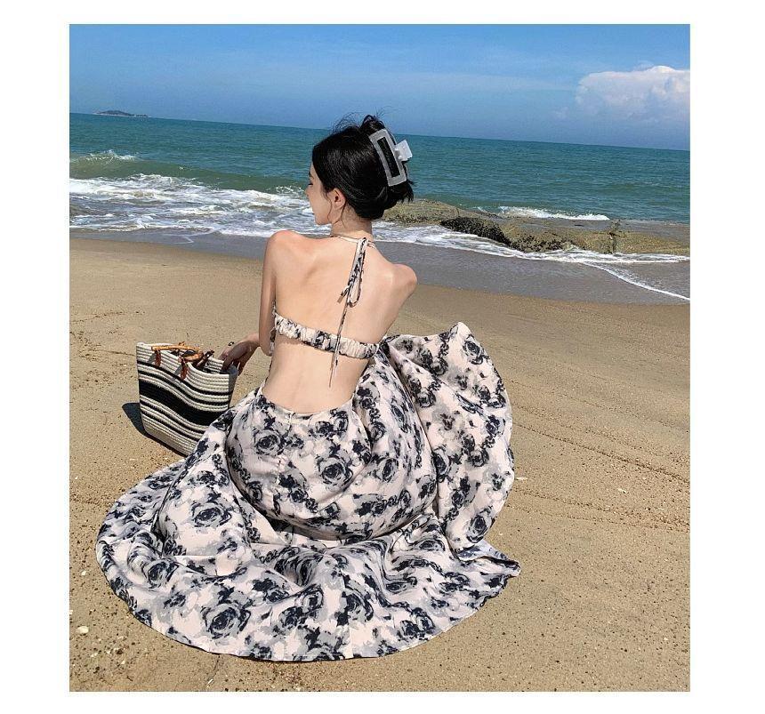 Halter Floral Open Back Slit Maxi A-Line Sundress Product Image