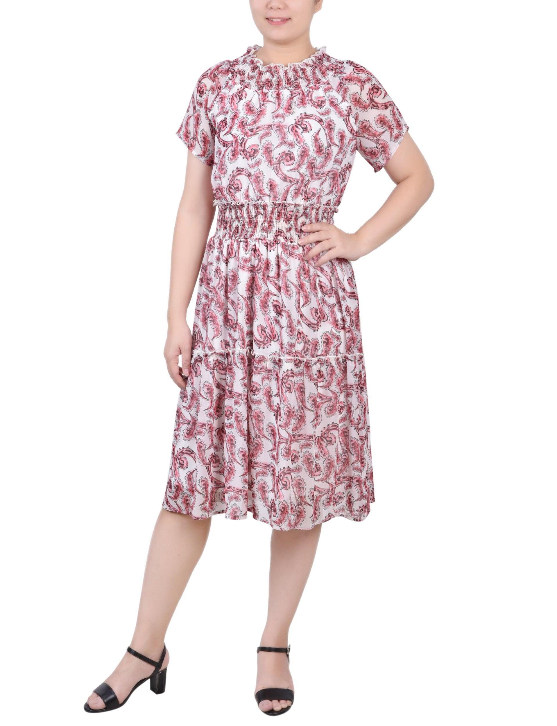 Burgundy Paisley Floral Short Sleeve Smocked Waist Dress - Petite Product Image
