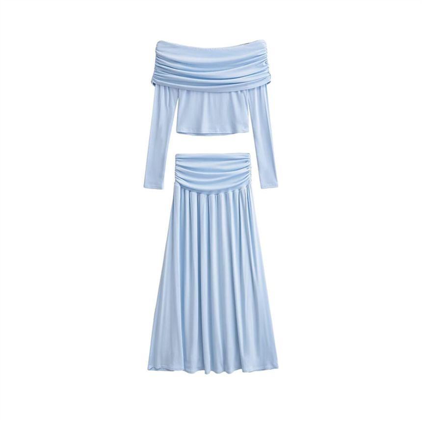 Set: Long Sleeve Off Shoulder Plain Ruched Crop Top + High Rise Maxi A-Line Skirt Product Image