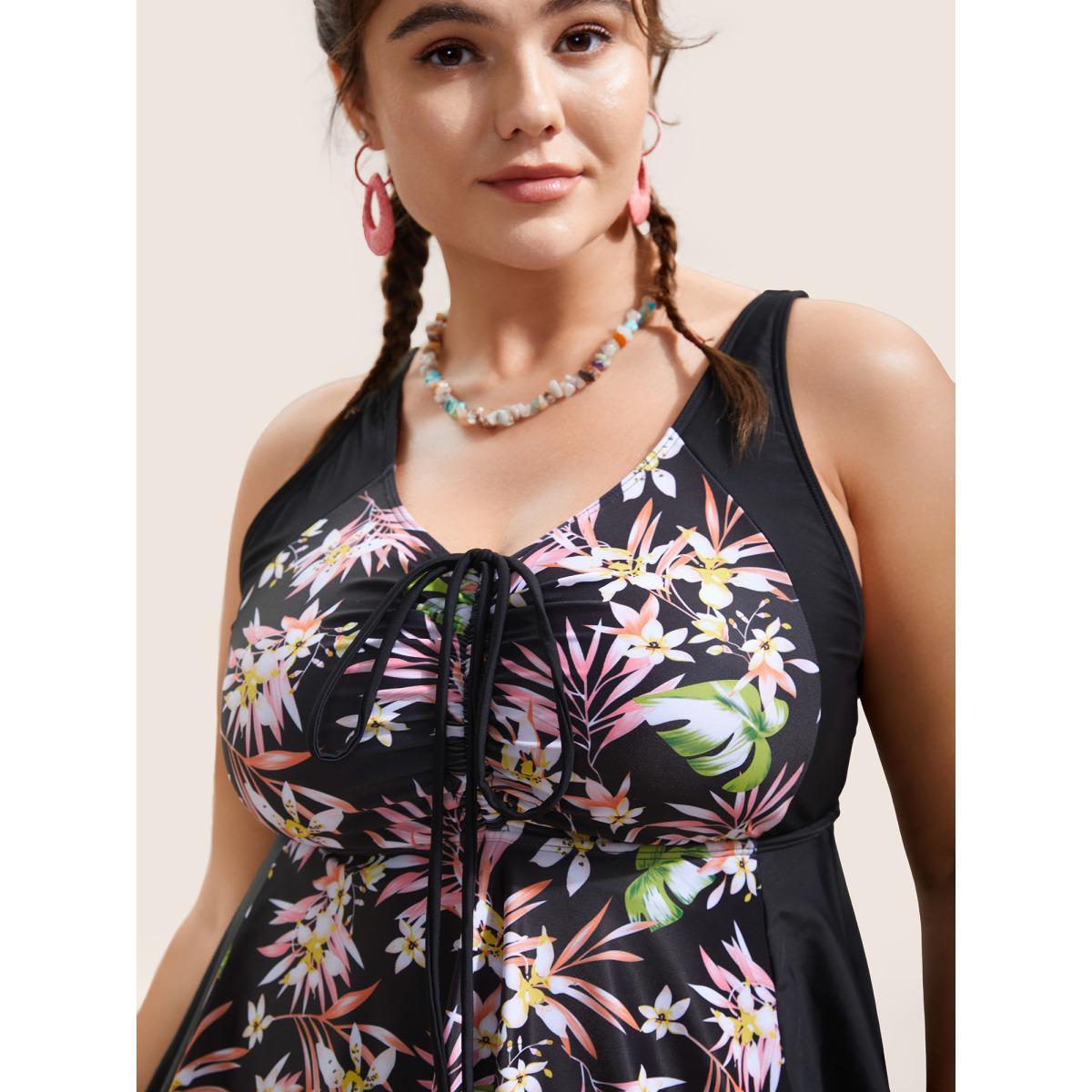 Plus Size Tropical Print Patchwork Drawstring Swim Dress Women's Swimwear Black Beach Bodycon U-neck High stretch Curve Swim Dresses BloomChic 22-24/3X Product Image