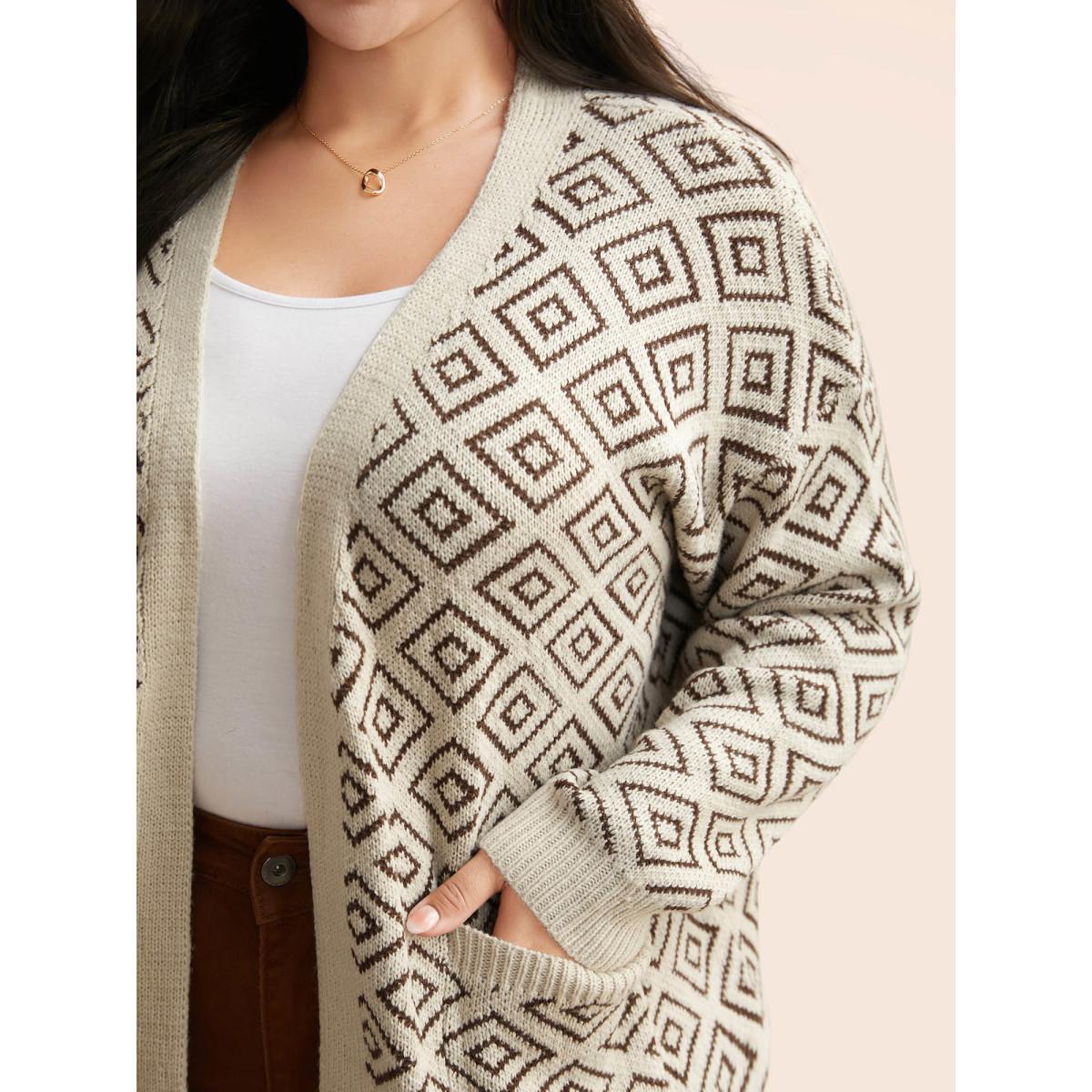 Plus Size Geometric Drop Shoulder Patch Pocket Cardigan WhiteSmoke Women Casual Loose Long Sleeve Everyday Cardigans BloomChic 18-20/2X Product Image