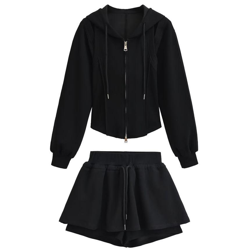 Plain Cutout Cropped Zip Up Hoodie Product Image