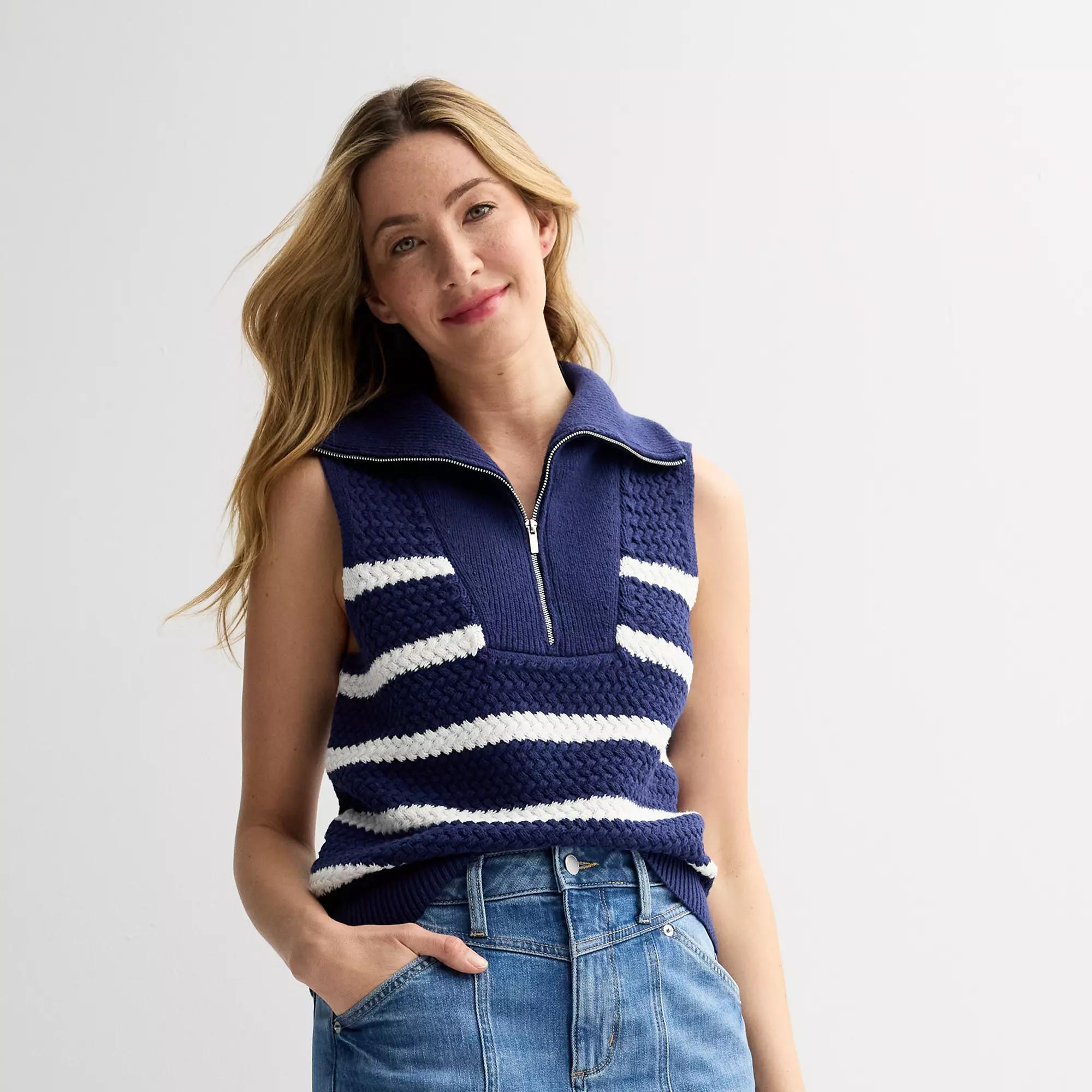 Women's Sonoma Goods For Life® Quarter Zip Sweater Vest, Size: Medium, Essential Blue Stripe Product Image