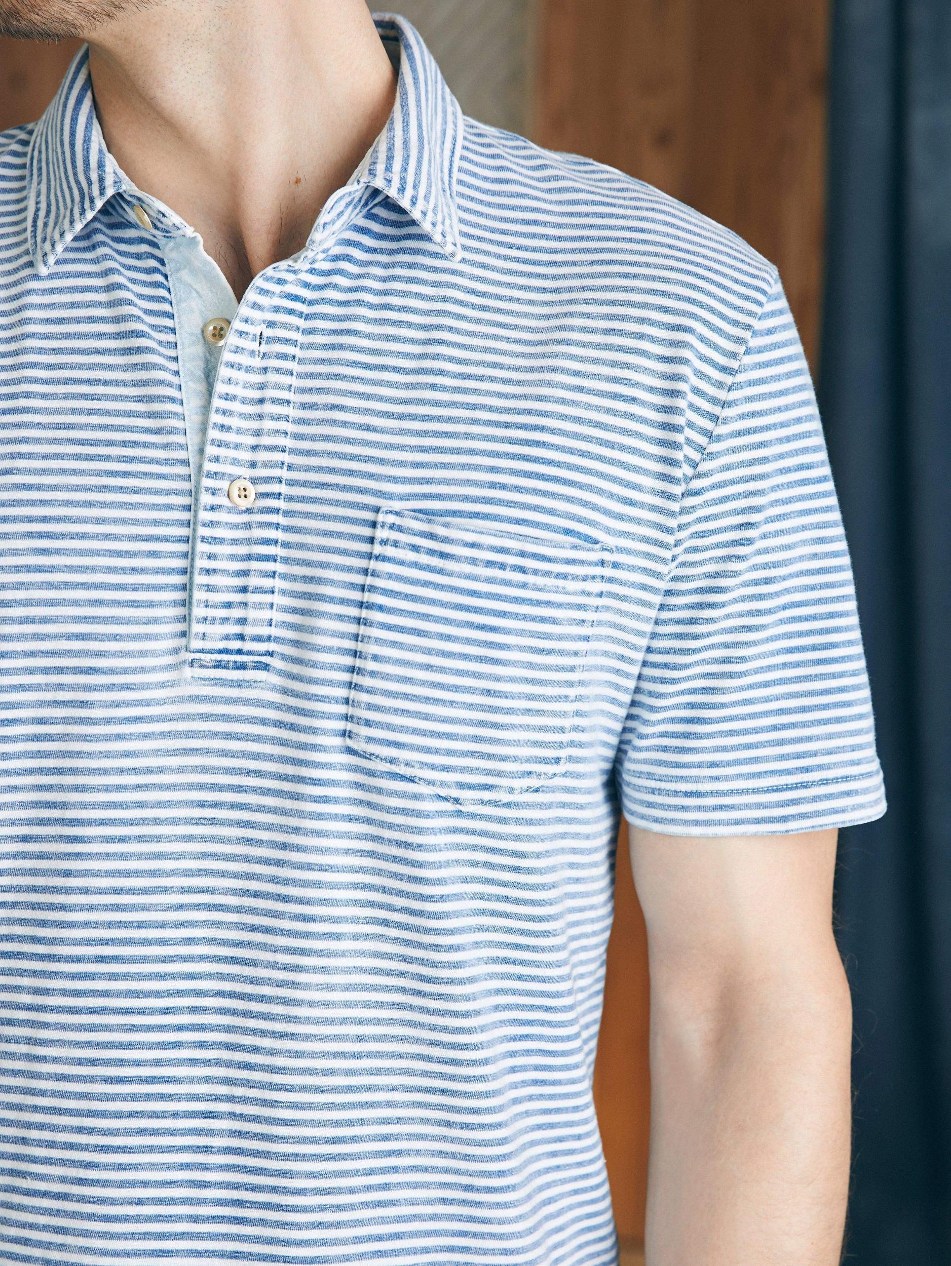 Short-Sleeve Indigo Polo Shirt - Azure Stream Stripe Male Product Image
