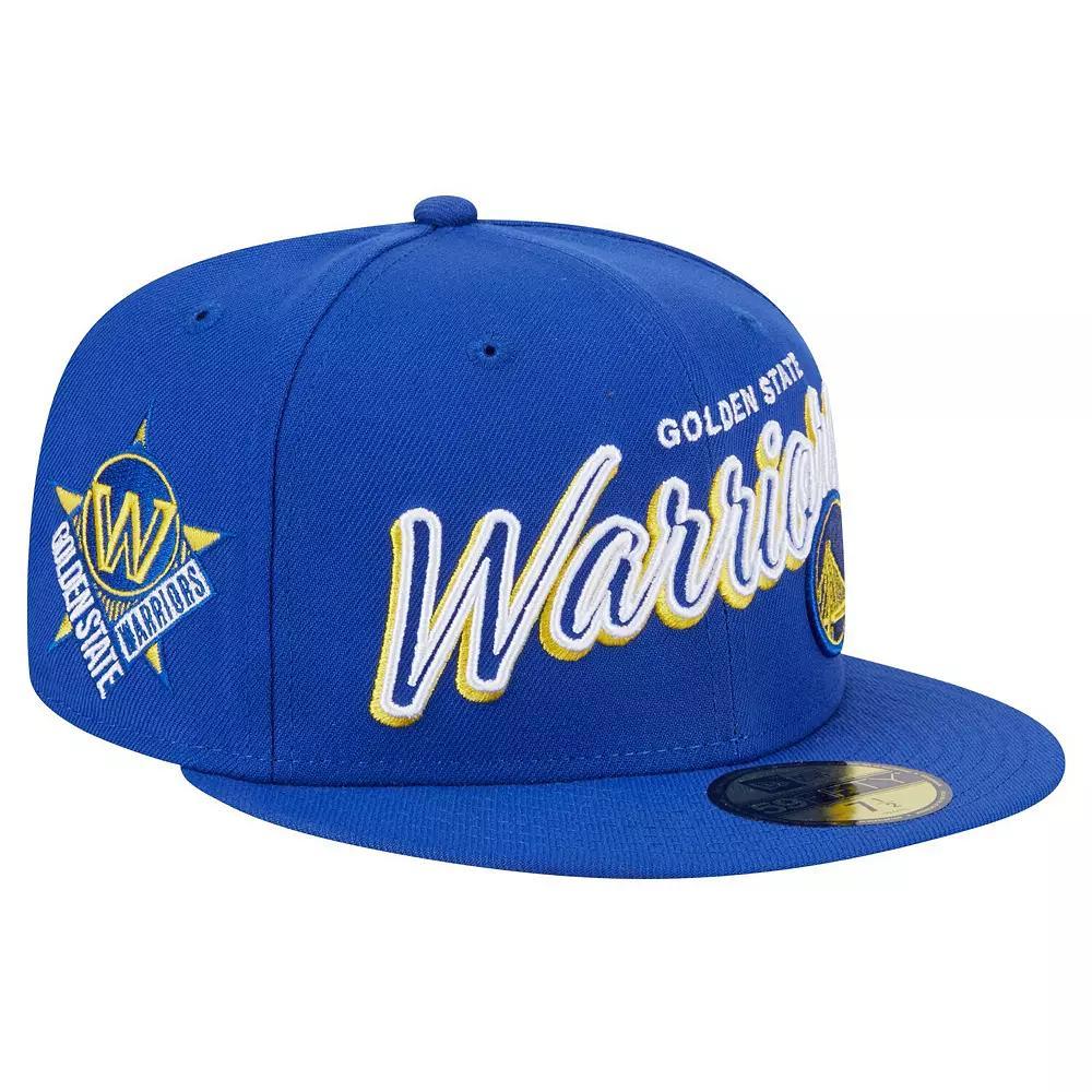 Men's New Era Royal Golden State Warriors Sport Night Script Sided 59FIFTY Fitted Hat, Size: 7 3/4, Blue Product Image