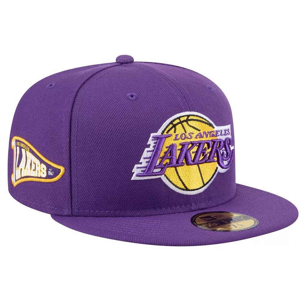 Men's New Era Purple Los Angeles Lakers Throwback Pennant 59FIFTY Fitted Hat, Size: 7 1/8 Product Image
