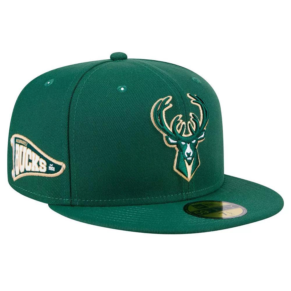 Men's New Era Hunter Green Milwaukee Bucks Throwback Pennant 59FIFTY Fitted Hat, Size: 7 1/4, Team Product Image