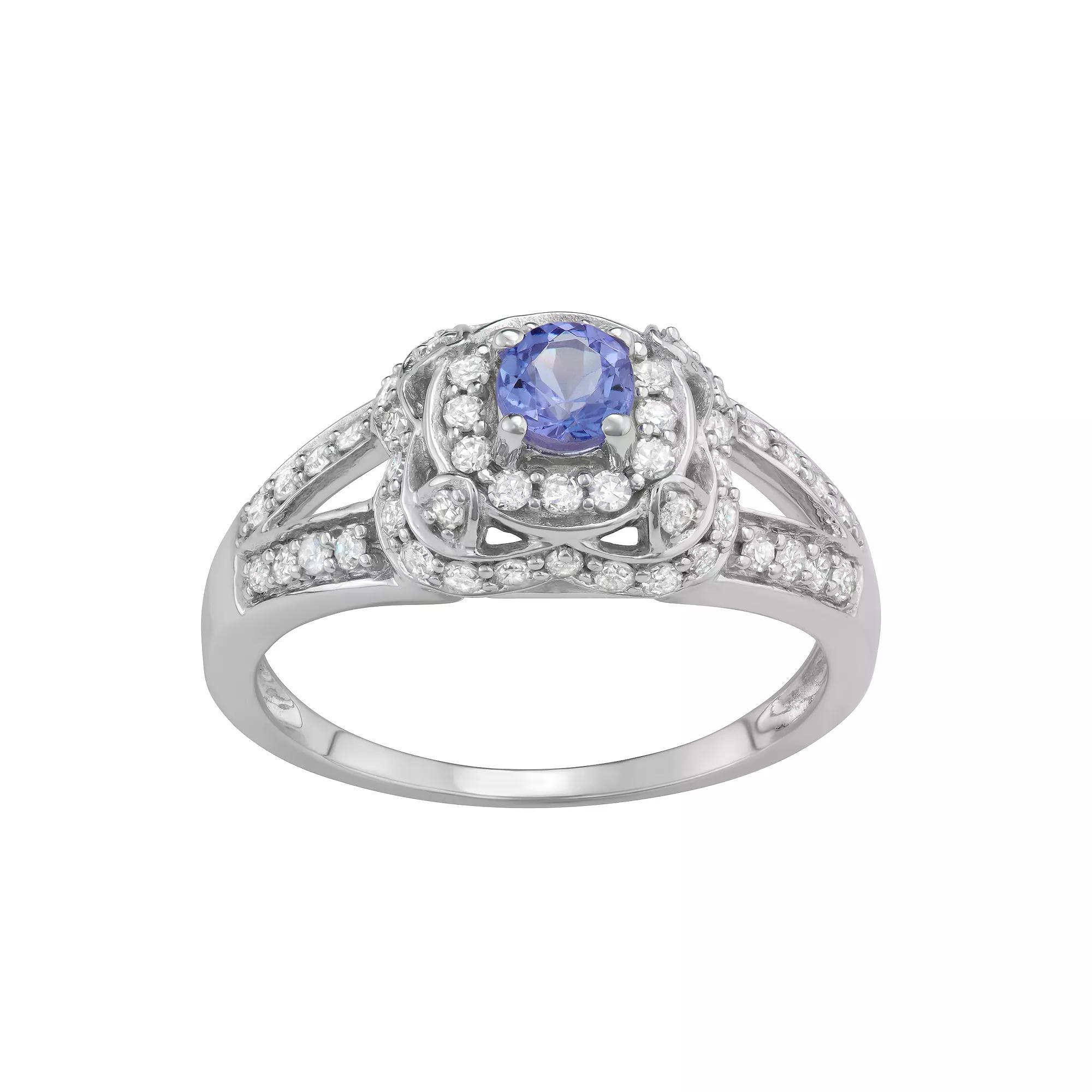 14k White Gold 1/2 Carat T.W. Diamond & Tanzanite Halo Engagement Ring, Womens 10k Whgold Product Image