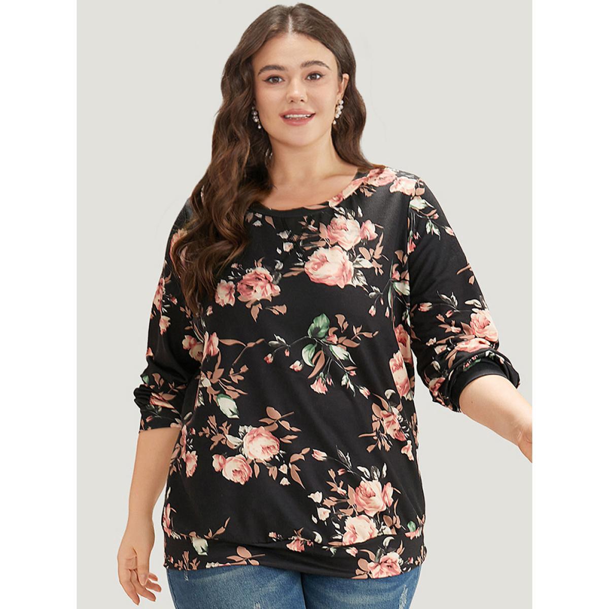 Plus Size Floral Print Round Neck Sweatshirt Women Multicolor Casual Elastic cuffs Round Neck Dailywear Sweatshirts BloomChic 26/4X Product Image