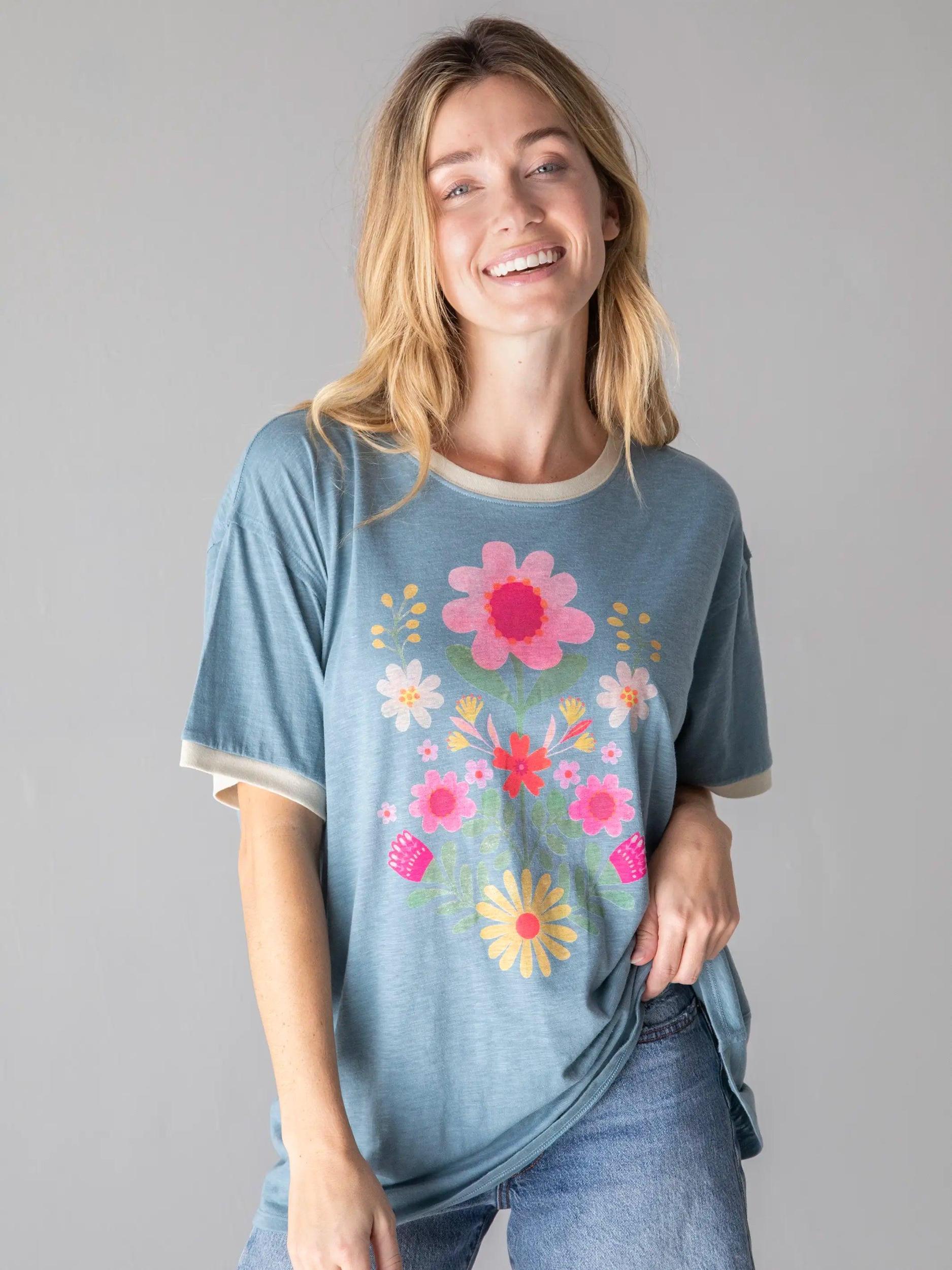 Ringer Oversized Tee Shirt - Blue Folk Flower Product Image
