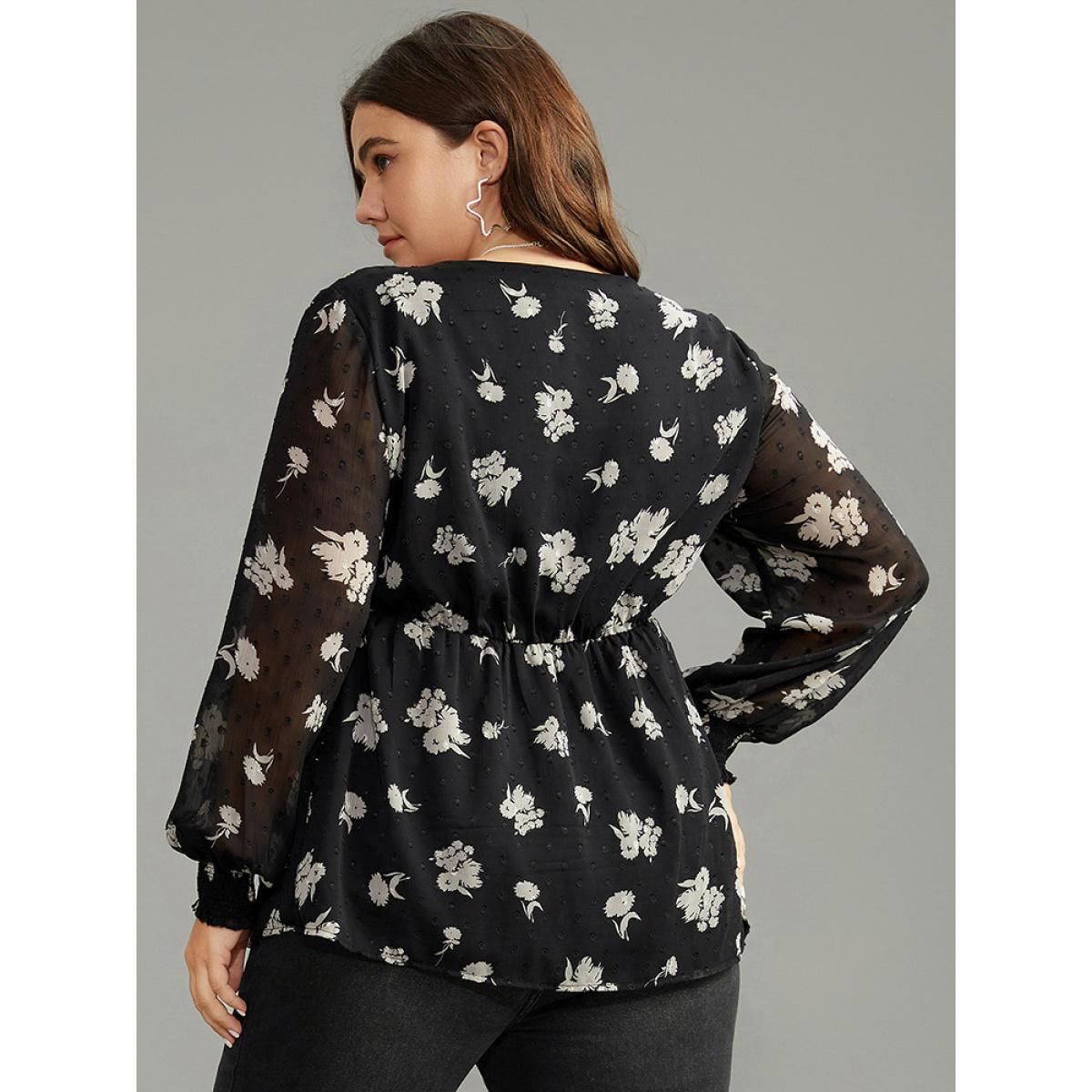 Plus Size BlackFlower Silhouette Floral Print Gathered Shirred Blouse Women Elegant Long Sleeve V-neck Dailywear Blouses BloomChic 28/5X Product Image