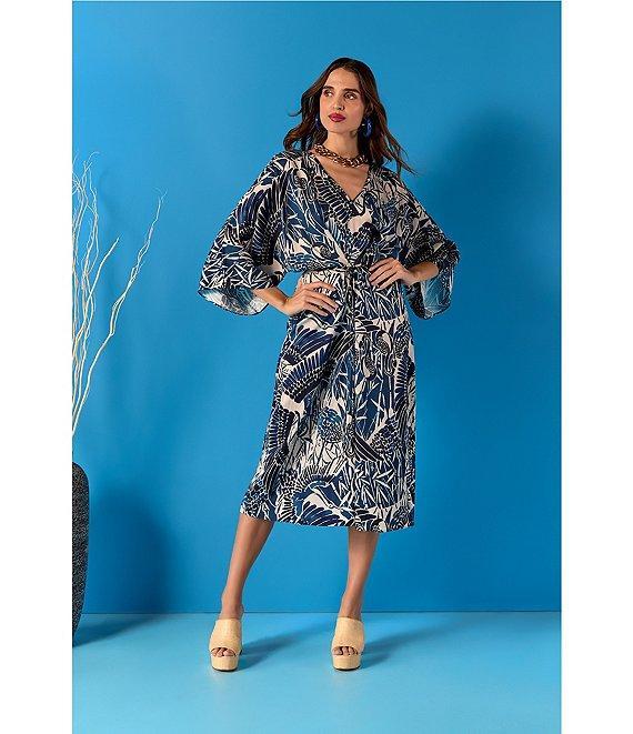 Trina Turk Topspin Printed Satin V-Neck 3/4 Bell Sleeve Wrap Midi Dress Product Image