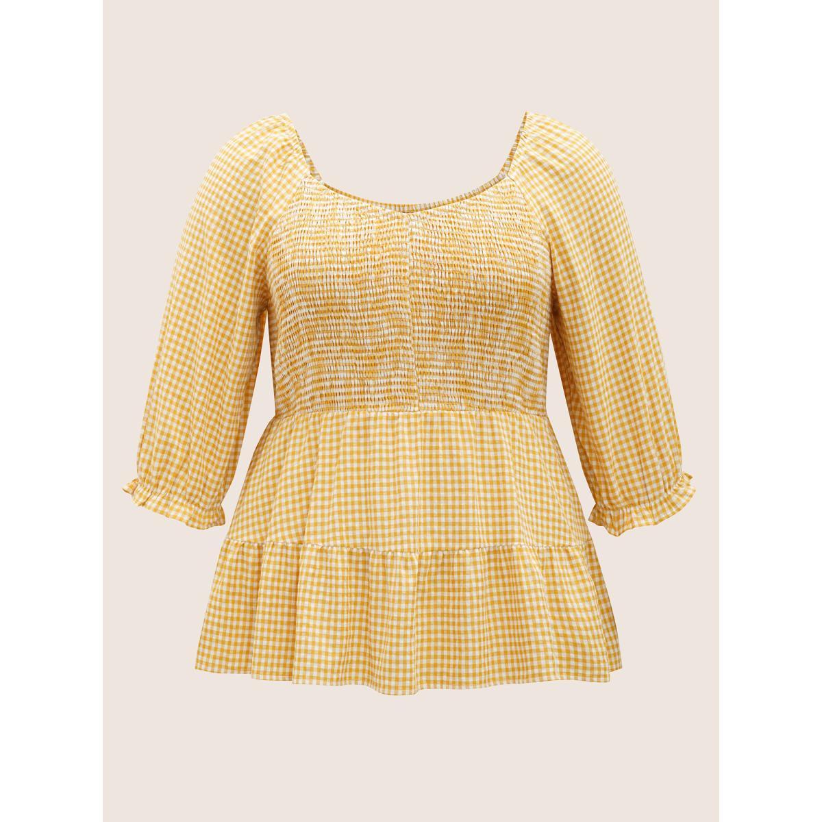 Plus Size Turmeric Heart Neckline Gingham Shirred Lantern Sleeve Blouse Women Casual Elbow-length sleeve Heart neckline Everyday Blouses BloomChic 10/M Product Image