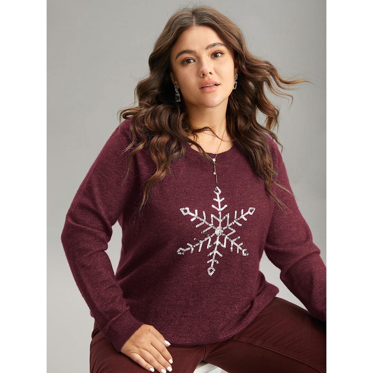 Plus Size Anti-Pilling Sequin Snowflake Round Neck Pullover Burgundy Women Casual Loose Long Sleeve Round Neck Festival-Christmas Pullovers BloomChic 28/5X Product Image