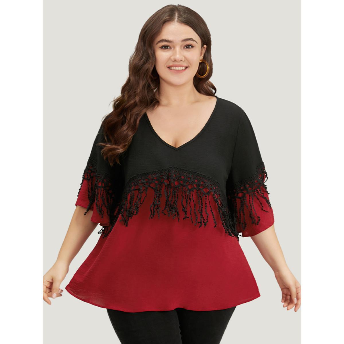 Plus Size Black Halloween Two Tone Fringe Trim Patchwork Blouse Women Elegant Short sleeve V-neck Festival-Halloween Blouses BloomChic 10/M Product Image