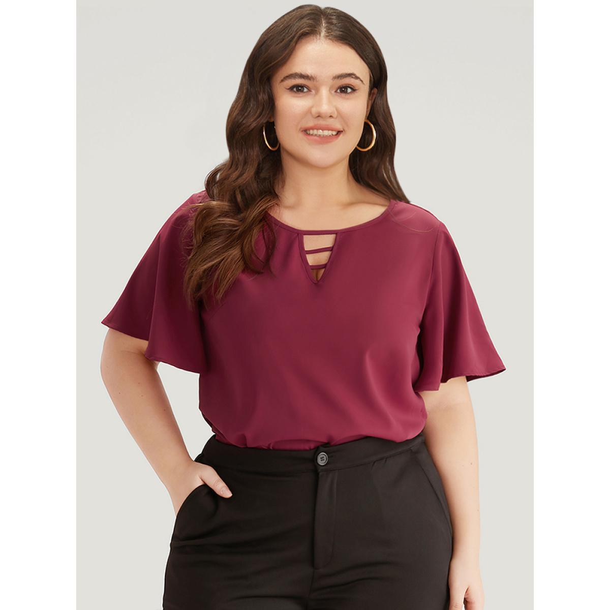 Plus Size Indigo Plain Ruffle Sleeve Cut Out Blouse Women Office Short sleeve Keyhole Cut-Out Work Blouses BloomChic 26/4X Product Image