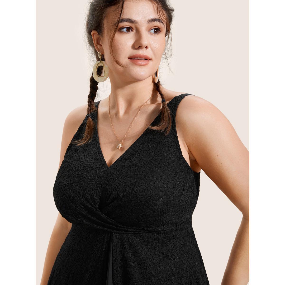 Plus Size V Neck Lace Insert Gathered Swim Top Women's Swimwear Black Beach Twist High stretch Bodycon V-neck Curve Swim Tops BloomChic 18-20/2X Product Image