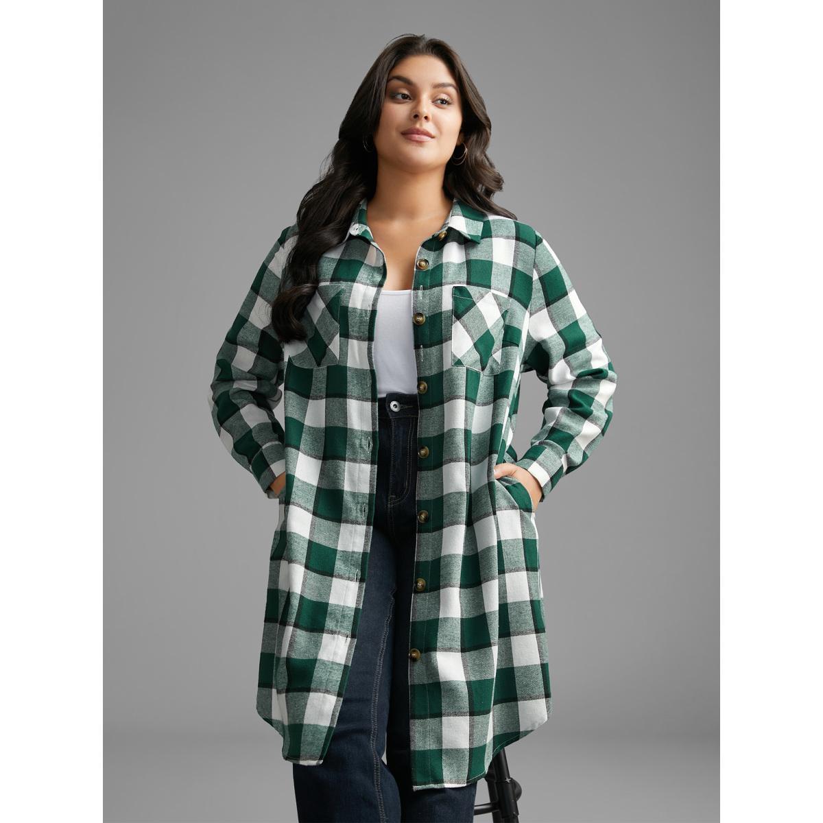Plus Size Plaid Patched Pocket Arc Hem Jacket Women DarkGreen Button Loose Side seam pocket Everyday Jackets BloomChic 28/5X Product Image