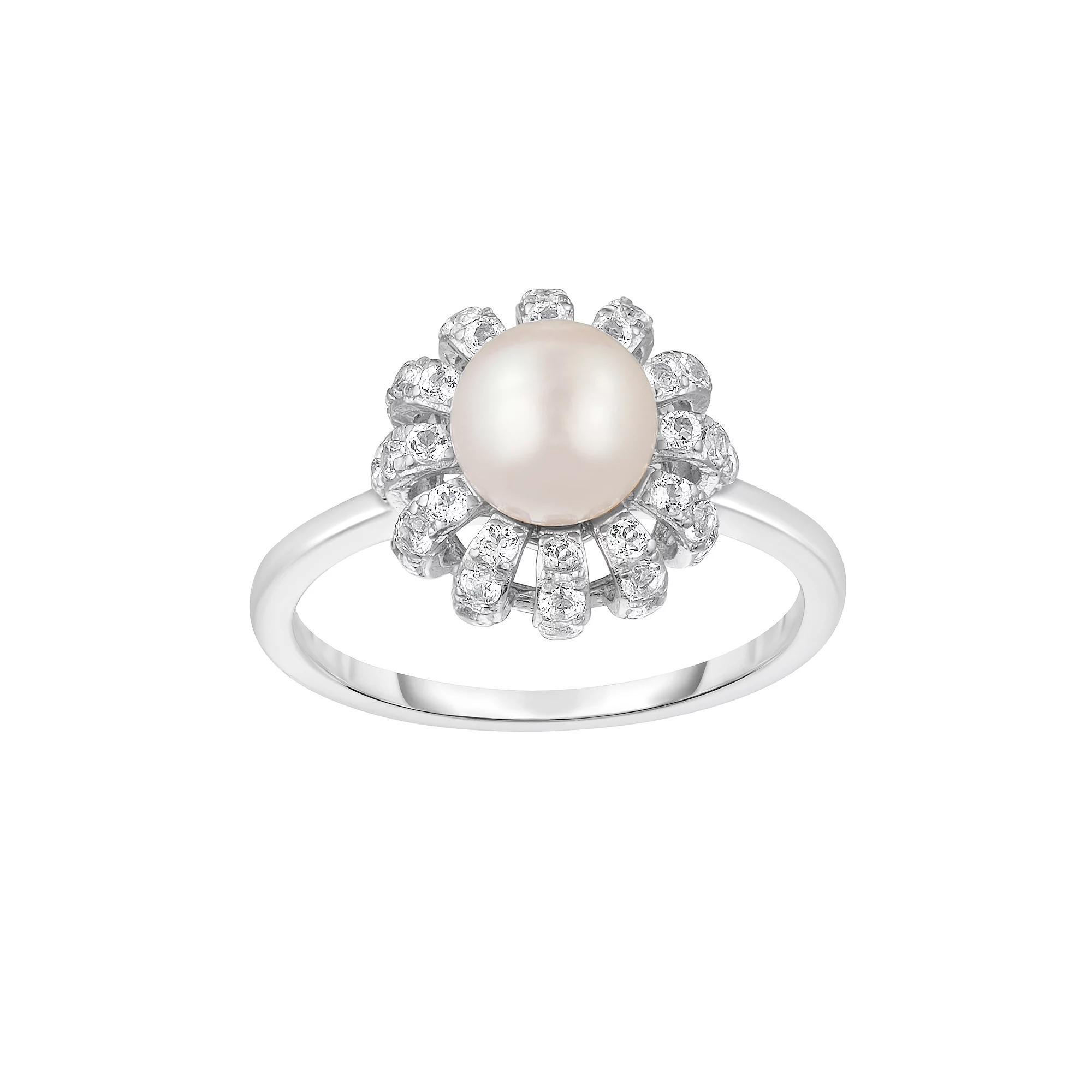 Sterling Silver Freshwater Cultured Pearl & Lab Created White Sapphire Ring, Women's, Size: 7 Product Image