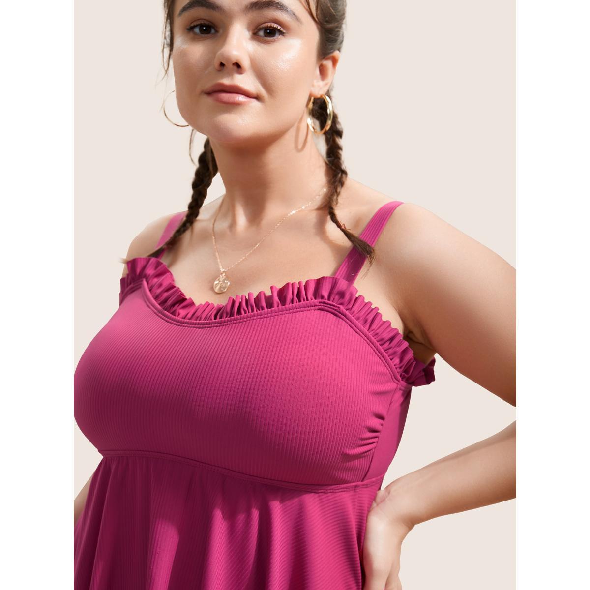 Plus Size Solid Frill Trim Adjustable Straps Swim Top Women's Swimwear RedViolet Beach Non High stretch Bodycon Strapless Curve Swim Tops BloomChic 26/4X Product Image