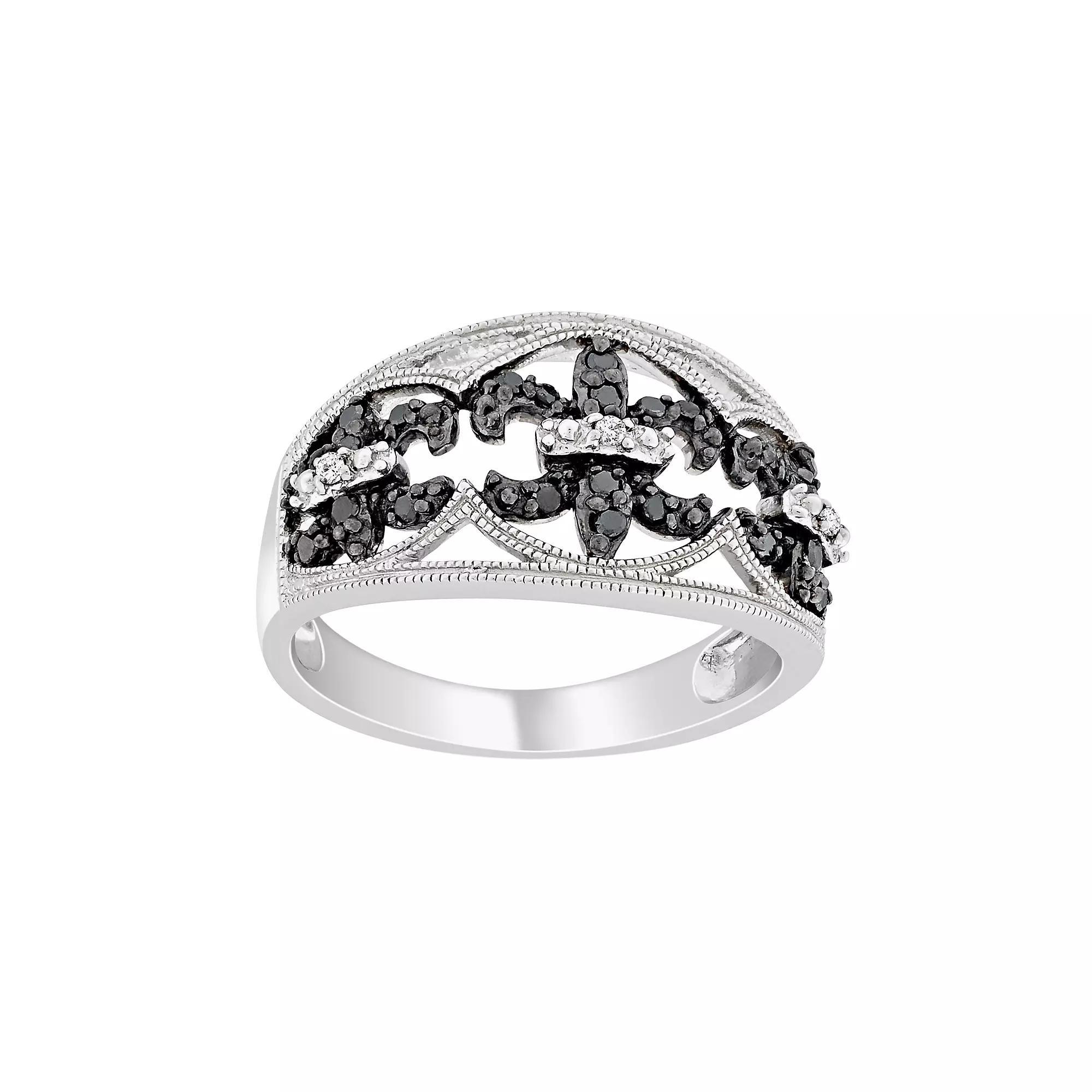Stella Grace Sterling Silver 1/4-ct. T.W. Black and White Diamond Fleur-de-Lis Ring, Womens Product Image