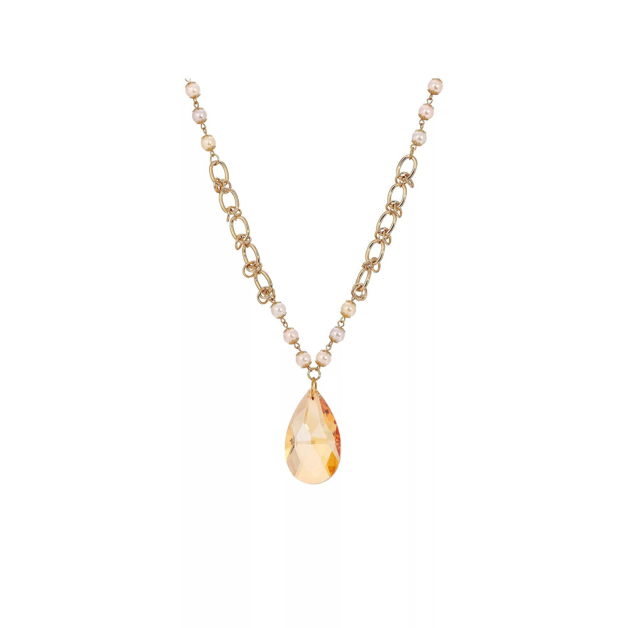 1928 Gold Tone Briolette & Faux Pearl Necklace, Womens, Beige Product Image