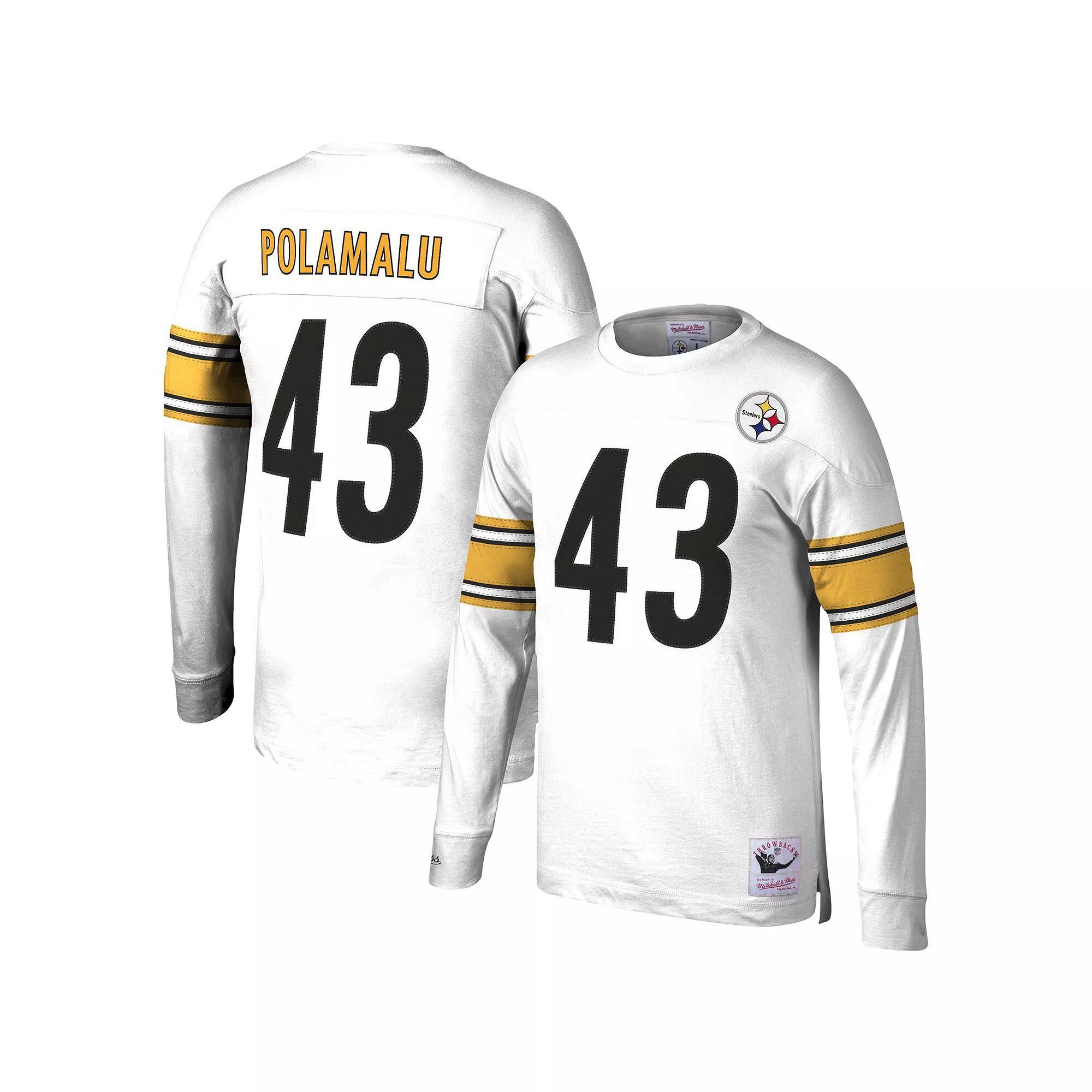 Men's Mitchell & Ness Troy Polamalu White Pittsburgh Steelers Retired Player Name & Number Long Sleeve Top, Size: Medium Product Image