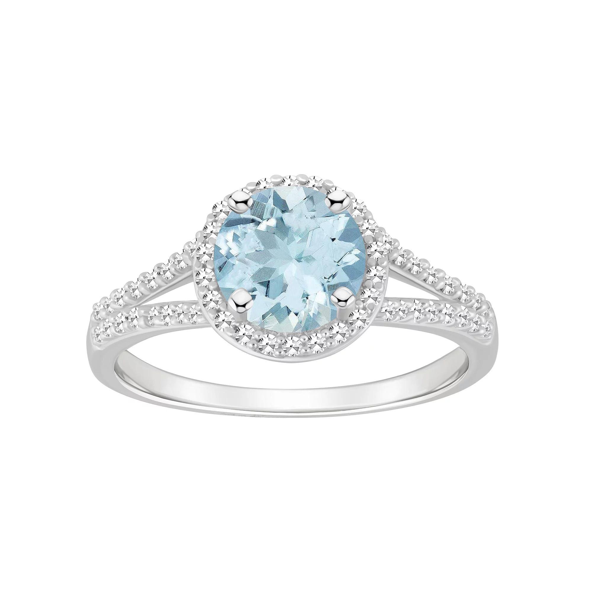 Celebration Gems Sterling Silver 7 mm Round Gemstone and 1/4 Carat T.W. Diamond Split Shank Ring, Women's, Size: 10, Aquamarine Product Image