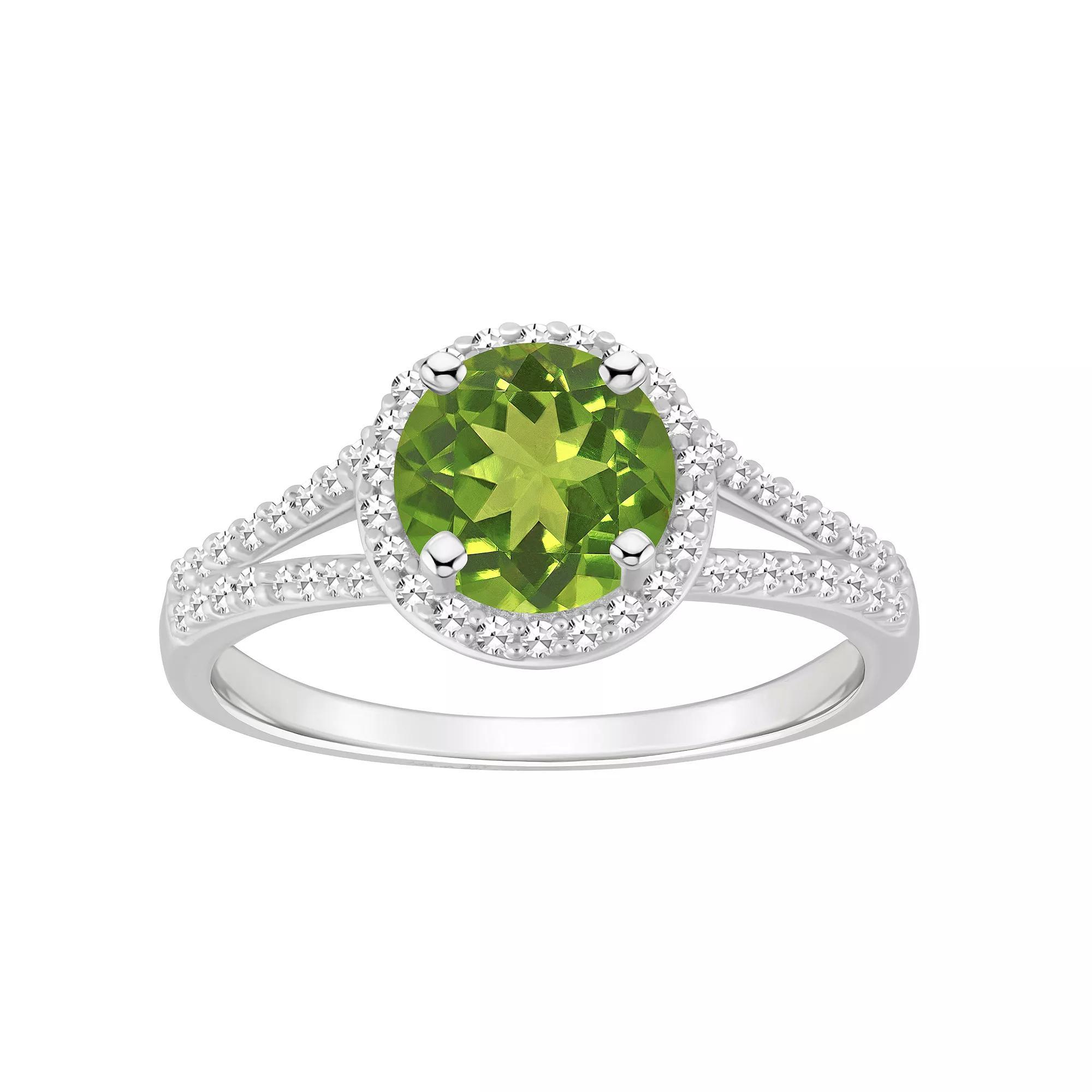 Celebration Gems Sterling Silver 7 mm Round Gemstone and 1/4 Carat T.W. Diamond Split Shank Ring, Women's, Size: 8, Peridot Product Image