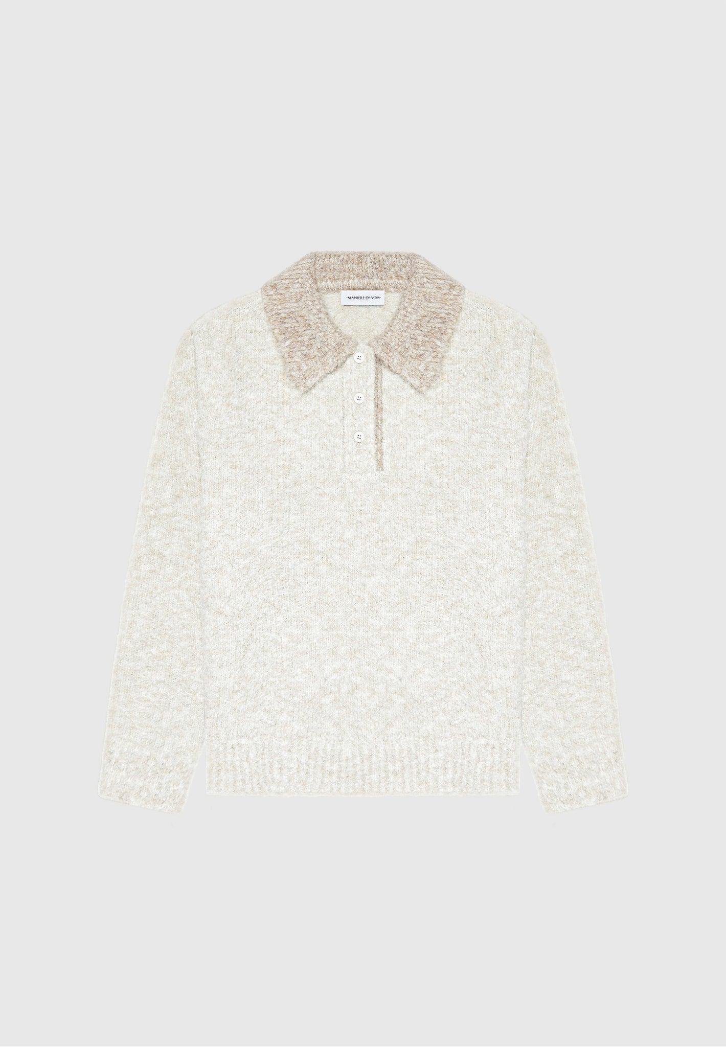 Boucle Knit Contrast Polo Jumper - Cream Male Product Image