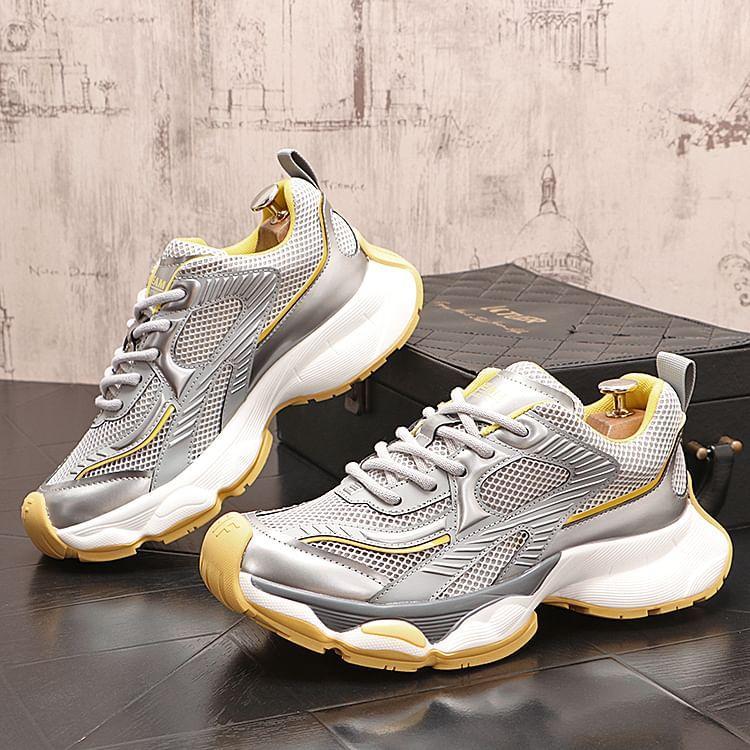 Hidden Wedge Mesh Panel Lace-Up Faux Leather Sneakers Product Image
