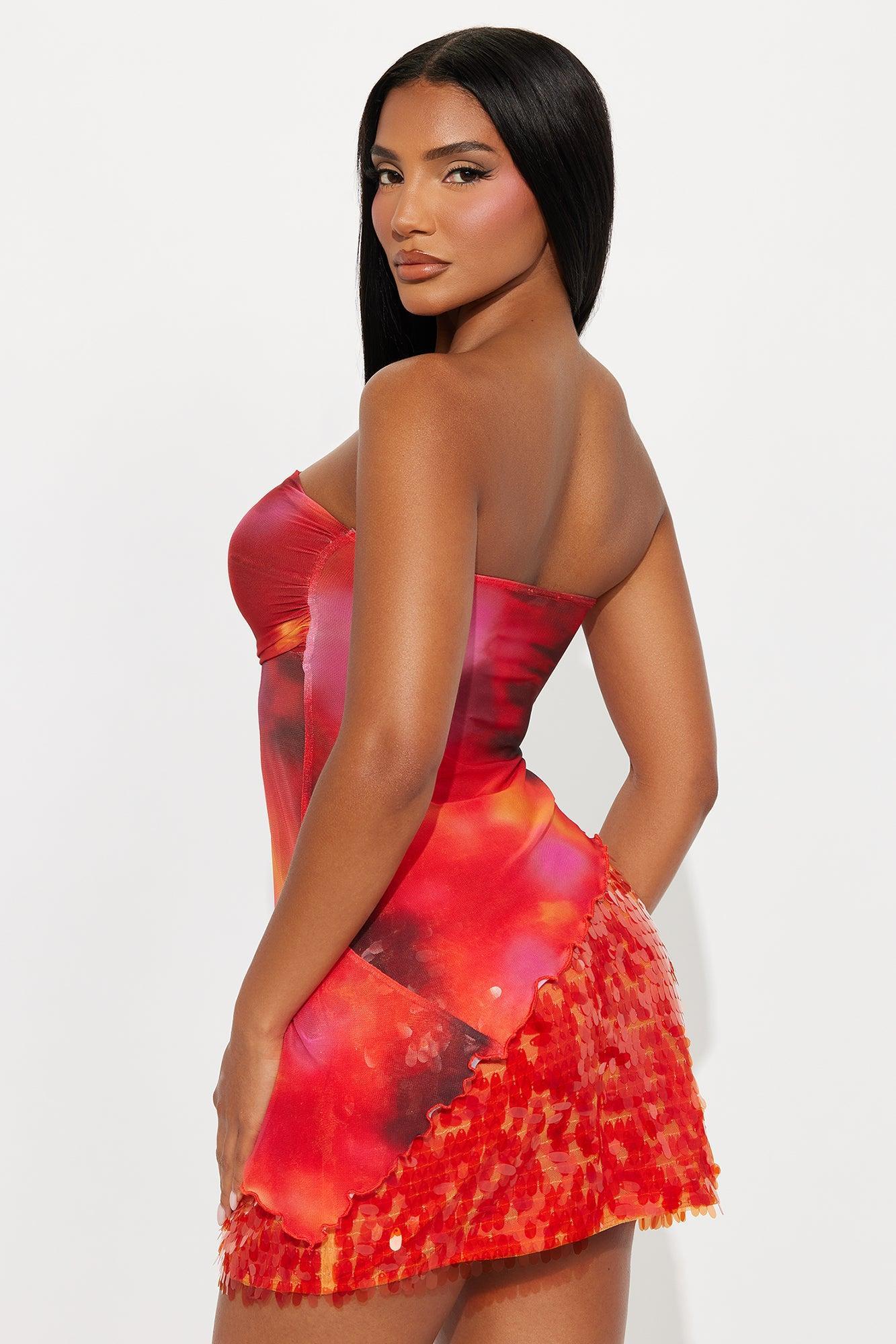 Lynette  Asymmetrical Mesh Tube Top - Red/combo Female Product Image