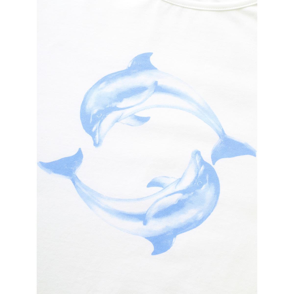 Plus Size Crew Neck Dolphin Print Arc Hem T-shirt Originalwhite Women Resort Contrast Marine Round Neck Vacation T-shirts BloomChic 22-24/3X Product Image
