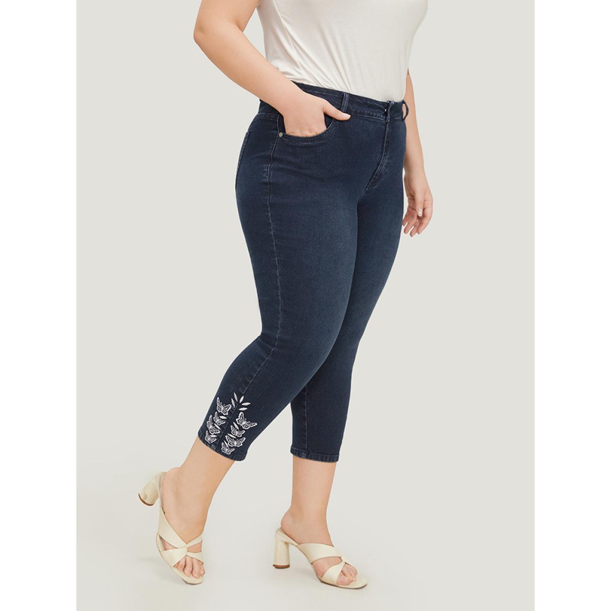 Plus Size Very Stretchy High Rise Dark Wash Butterfly Embroidered Jeans Women DarkBlue Casual Plain Embroidered High stretch Pocket Jeans BloomChic 14/1X Product Image