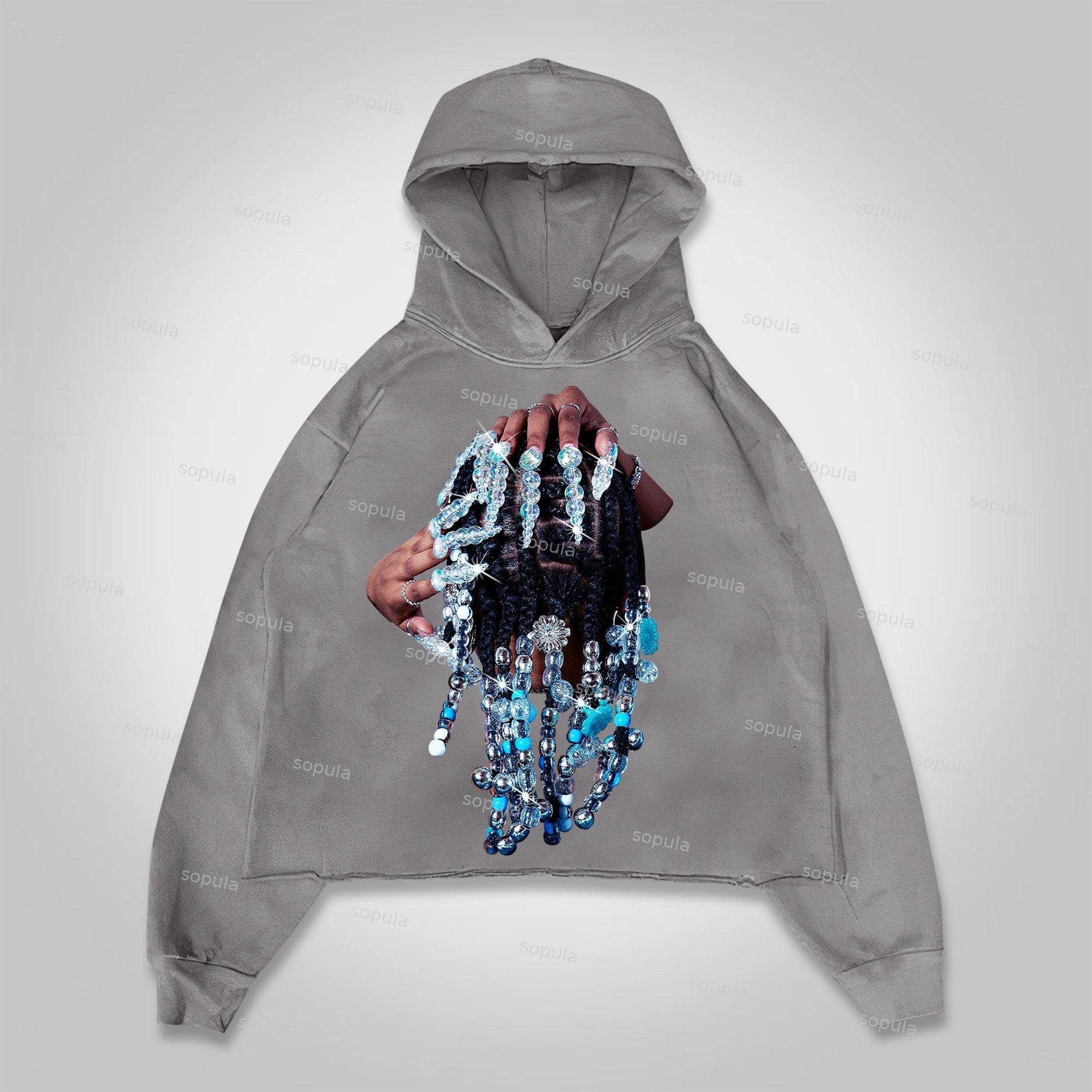 Sopula Diamond Jewelry Finger Portrait Print Cropped Hoodie Product Image