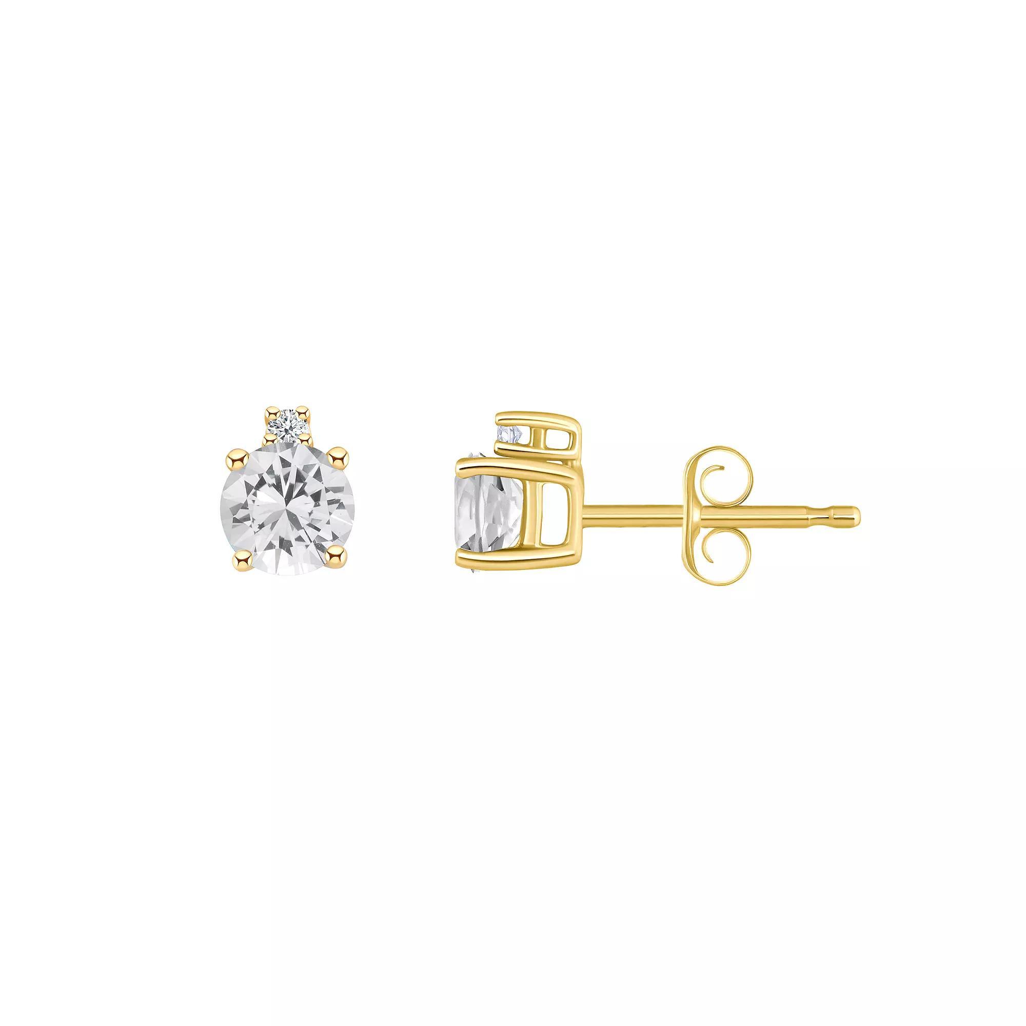 14k Gold 4 mm Round Birthstone & 1/10 Carat T.W. Diamond Stud Earrings, Women's, White Topaz Apr Product Image