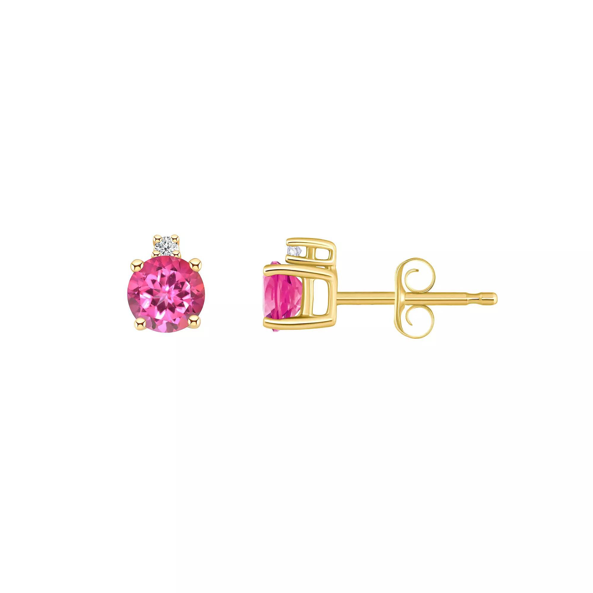 14k Gold 4 mm Round Birthstone & 1/10 Carat T.W. Diamond Stud Earrings, Women's, White Topaz Apr Product Image
