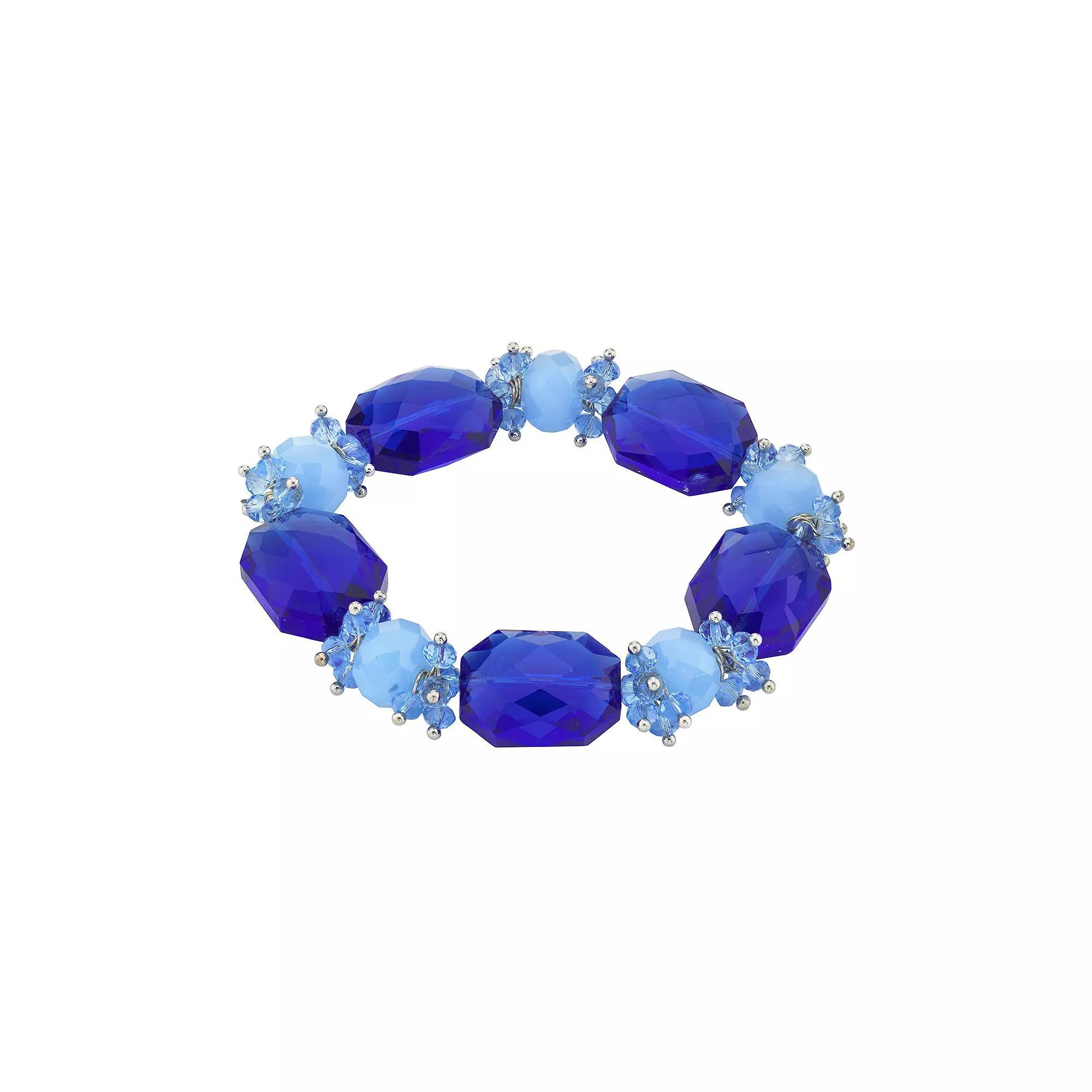 1928 Silver-Tone Bright Blue Beaded Stretch Bracelet, Womens Product Image