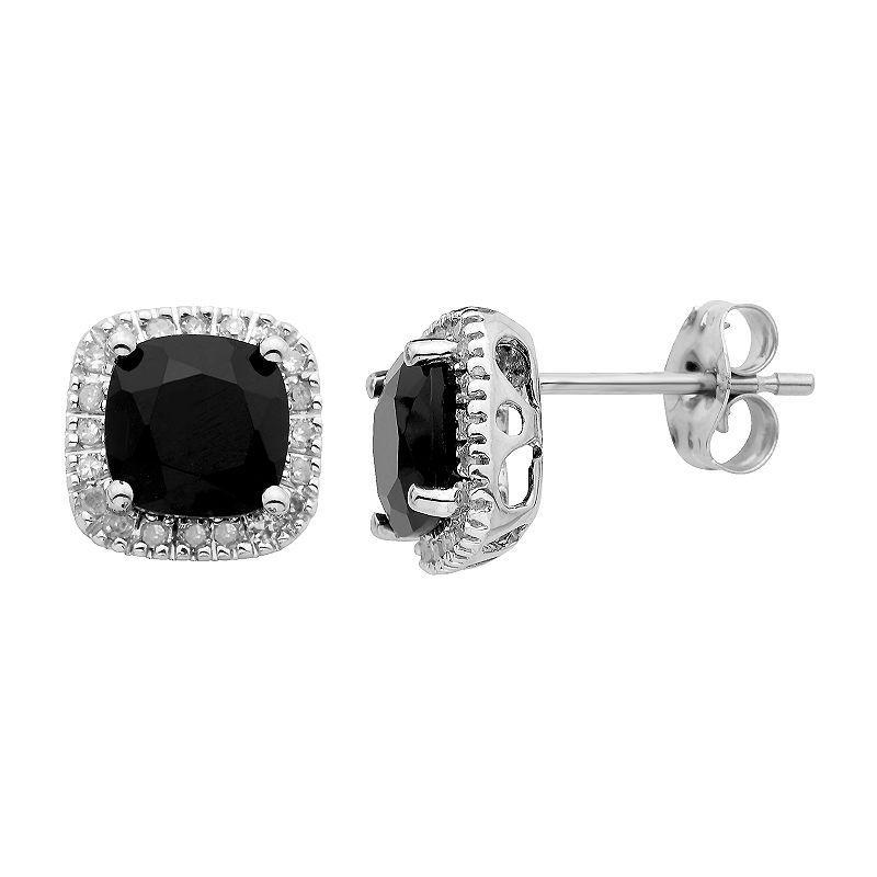 Onyx and 1/6 Carat T.W. Diamond 10K Gold Halo Button Stud Earrings, Womens, White Product Image