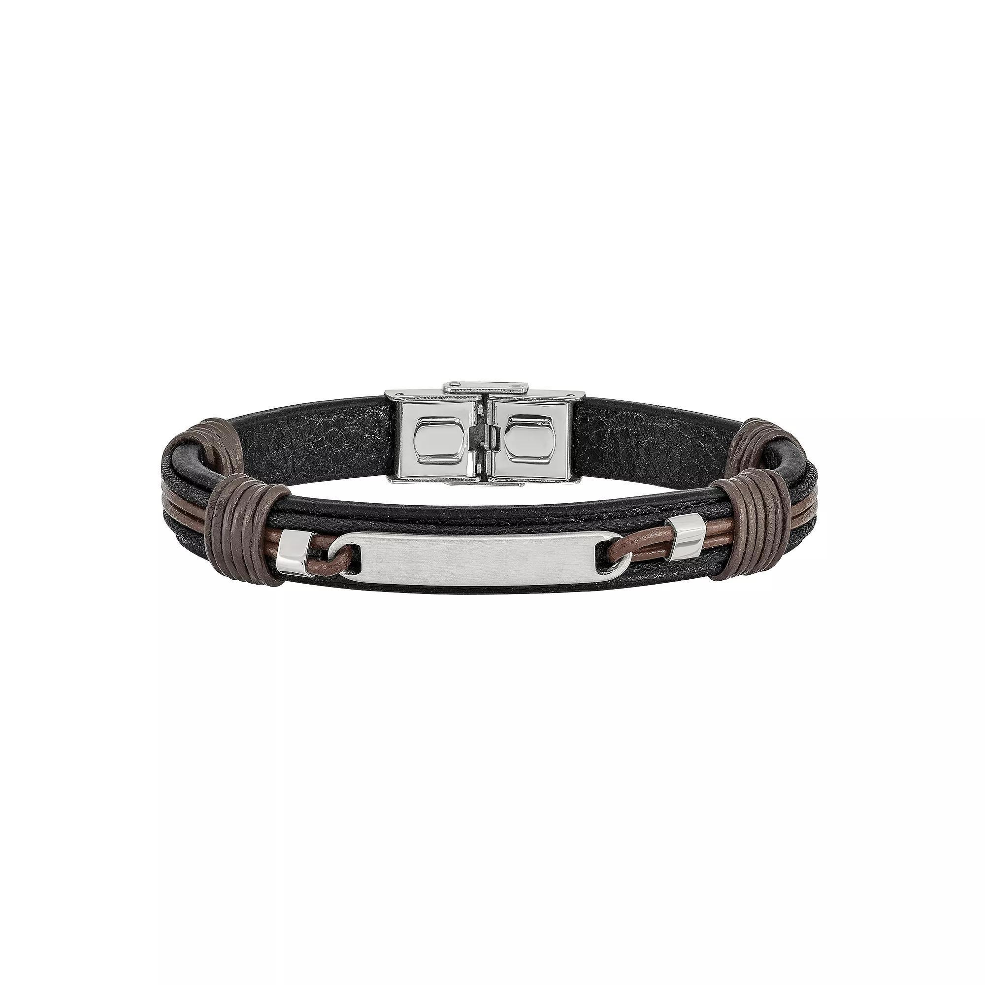 Men's Stainless Steel Black & Brown Leather Bracelet, Size: 8.25" Product Image