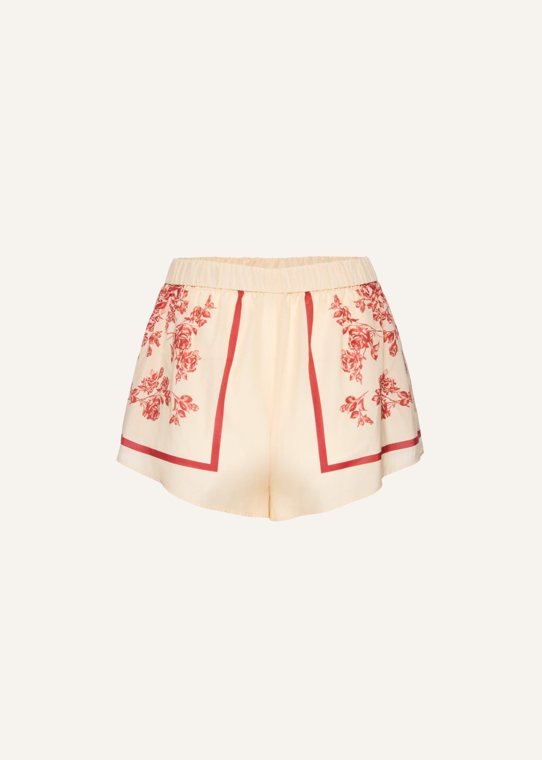 Silk scarf floral print shorts in beige Product Image
