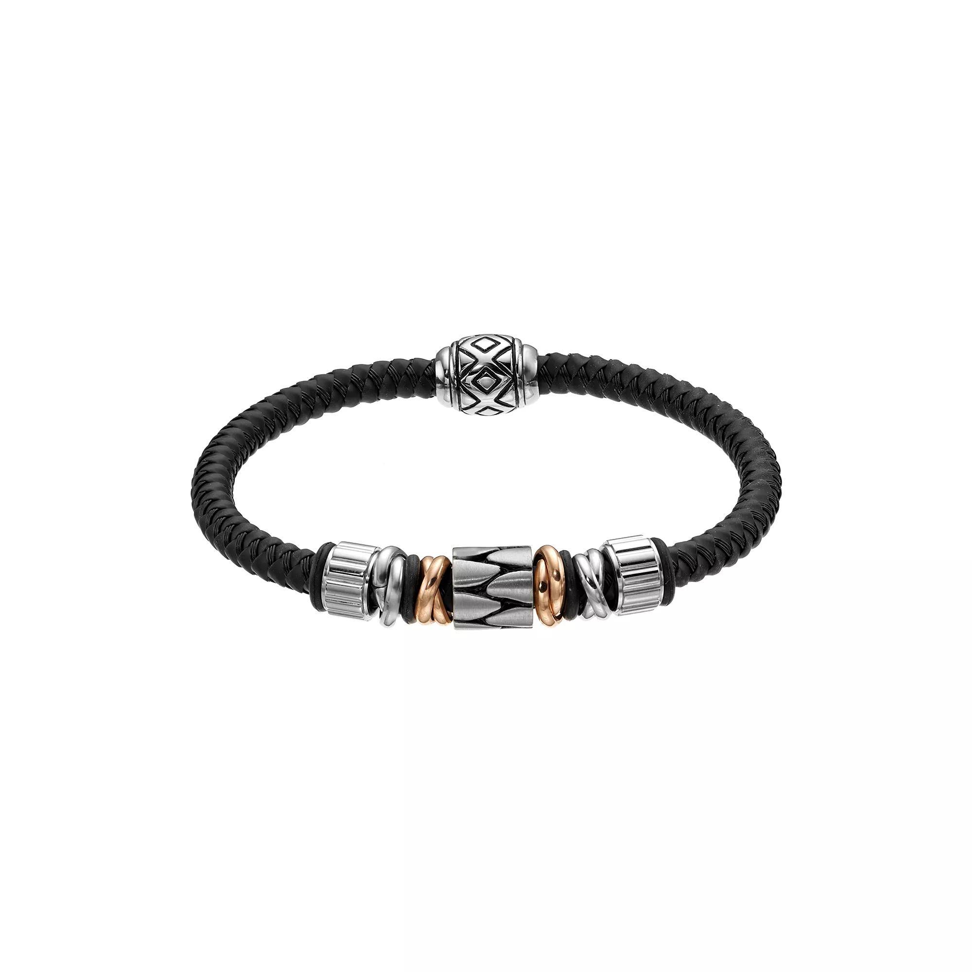 Two Tone Stainless Steel and Leather Bead Bracelet, Men's, Size: 8.5", Black Product Image