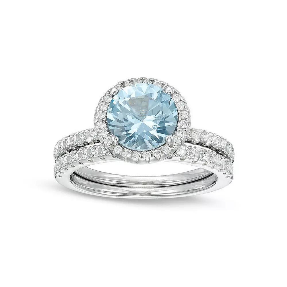 Gemminded Lab-Created Aquamarine Silver Tone 2-Piece Wedding Band Set, Womens Sterling Product Image