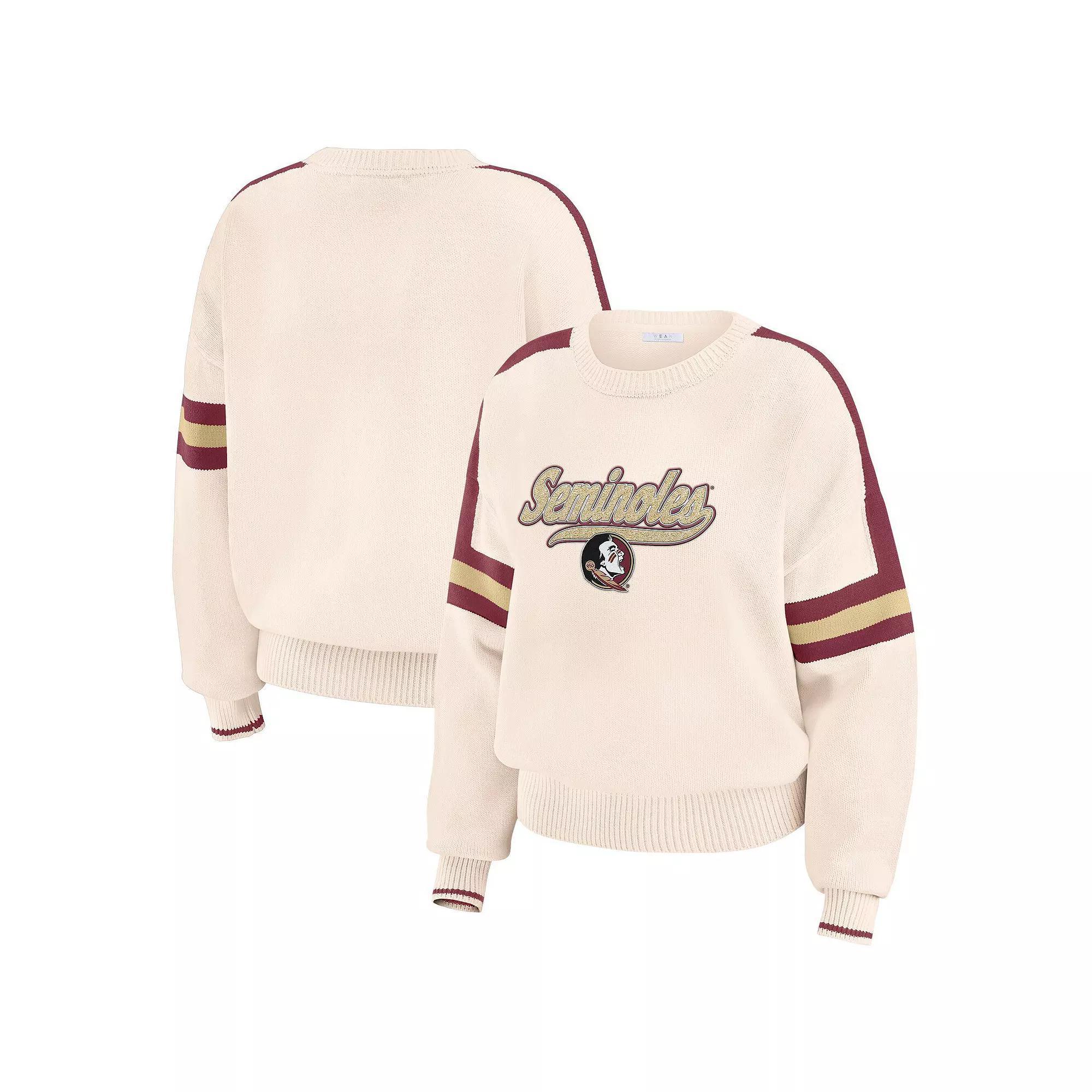 Women's WEAR by Erin Andrews  Cream Florida State Seminoles Chenille Woven Patch Stripe Pullover Sweater, Size: Medium, Beige Product Image