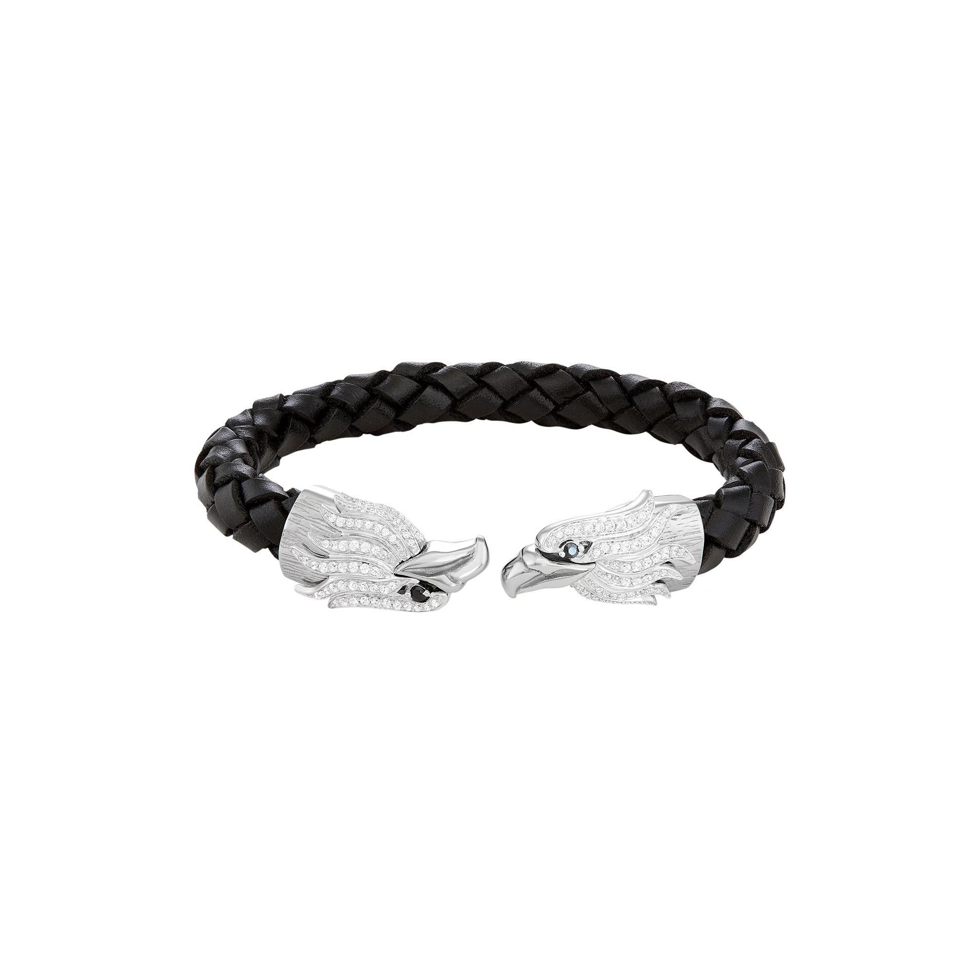 Men's Stainless Steel & Black Leather Cubic Zirconia Eagle Cuff Bracelet, Size: 8.5" Product Image