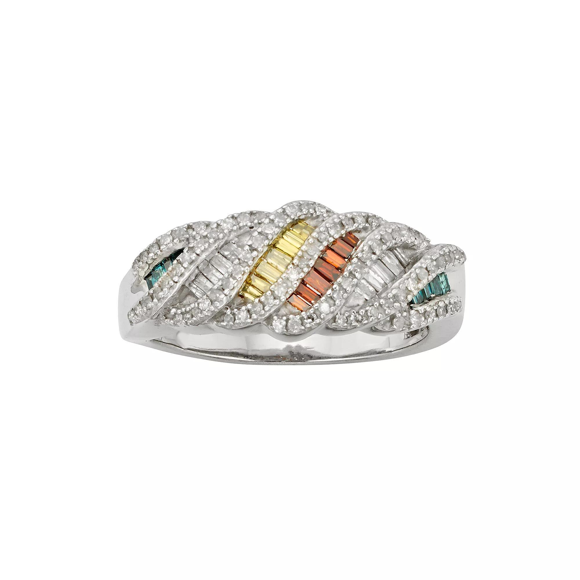 Jewelexcess Sterling Silver 3/4-ct. T.W. Green, Red, Yellow and White Diamond Ring, Women's, Size: 6, Multicolor Product Image