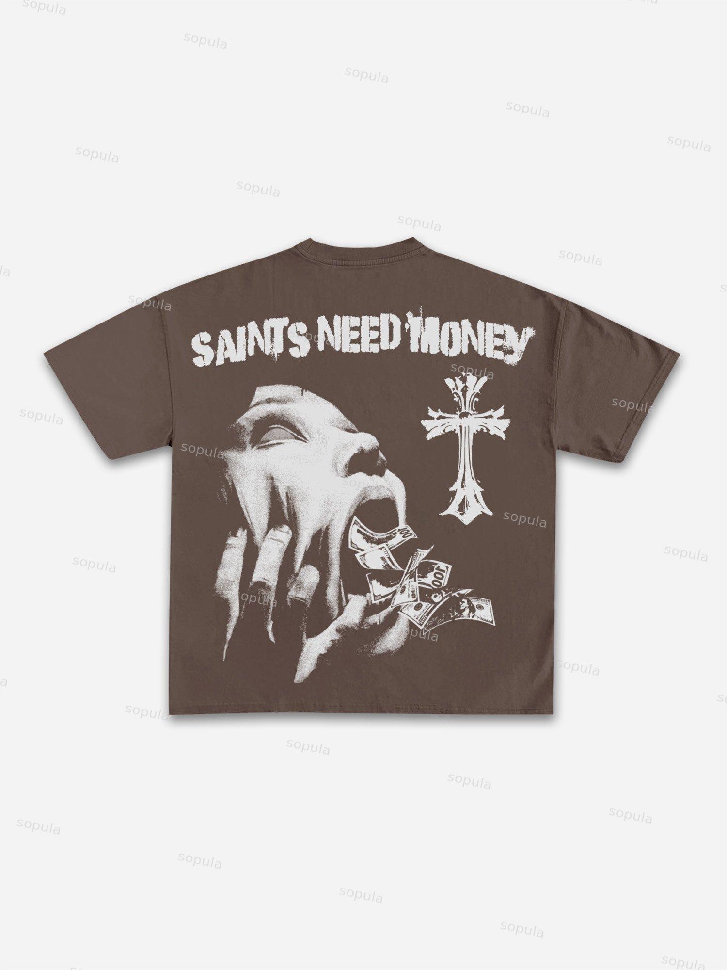 Saints Need Money Too Retro Graphic Cotton T-shirt Product Image