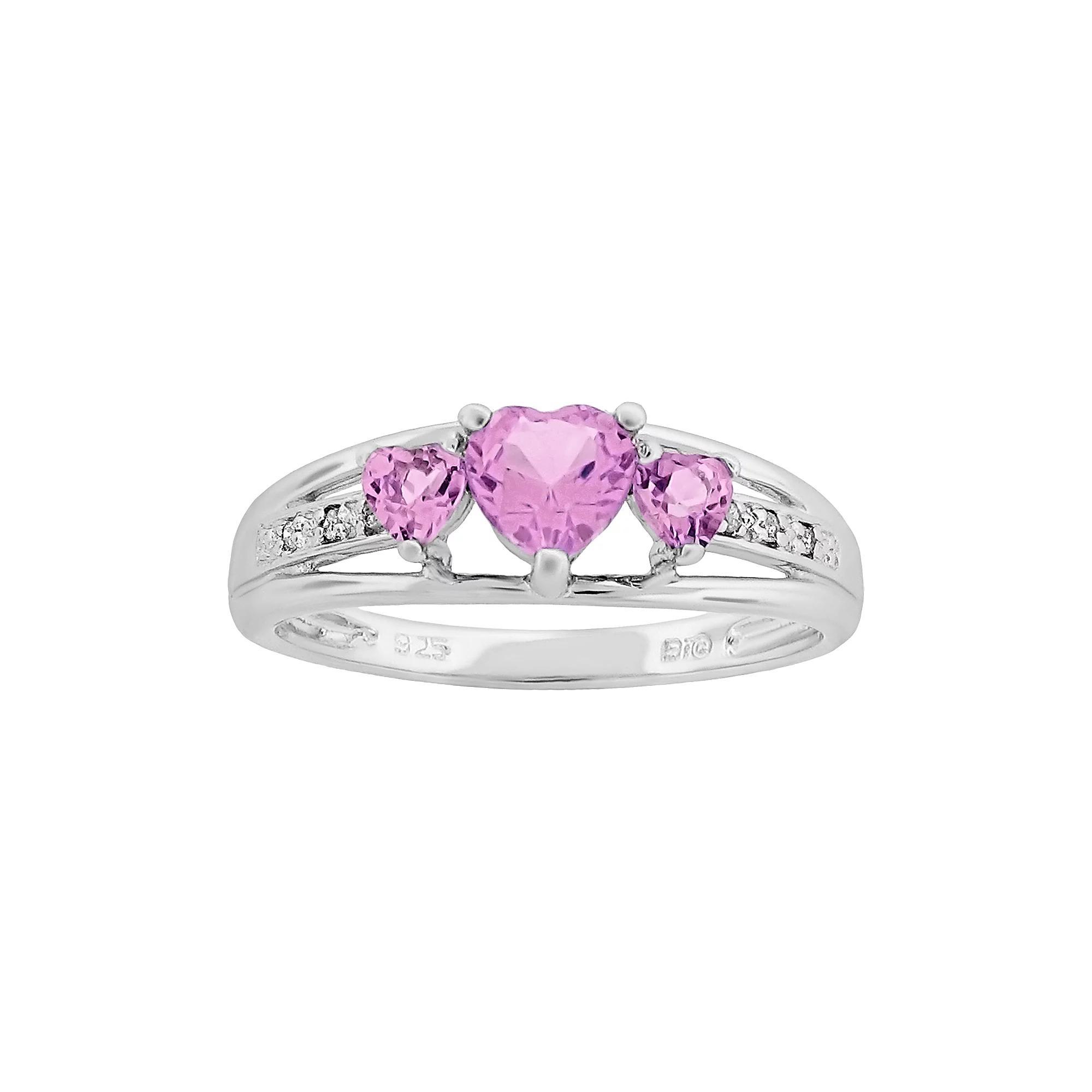 Gemminded Sterling Silver Lab-Created Pink Sapphire and Diamond Accent Heart 3-Stone Ring, Women's, Size: 8, Pink Blue Product Image